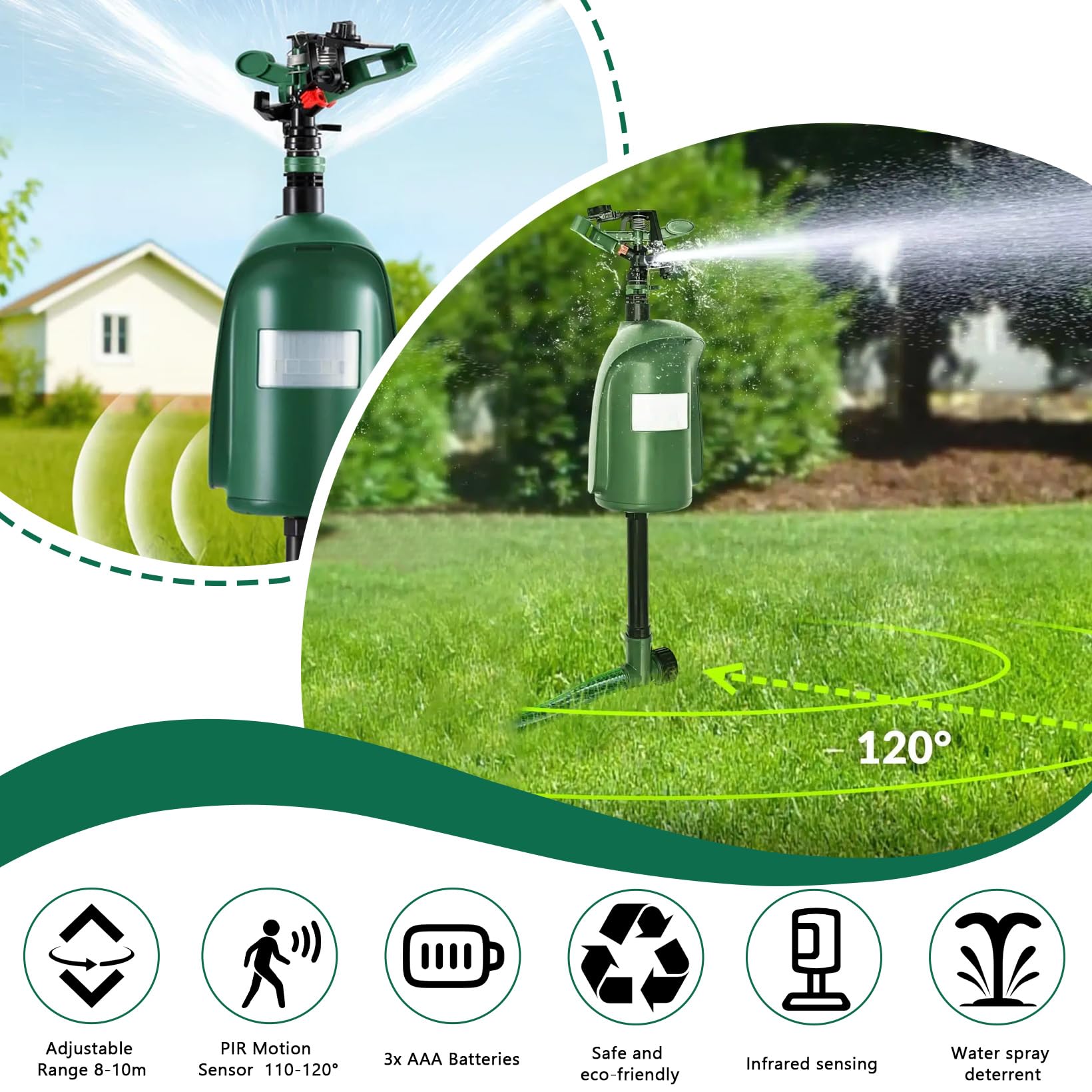Ahuyentador de Animales con Detector de Movimiento de 120° | cabezal pulverizador ajustable de 360 grados, ahuyentador de garzas para ahuyentar gatos y martas, para jardines, pastos