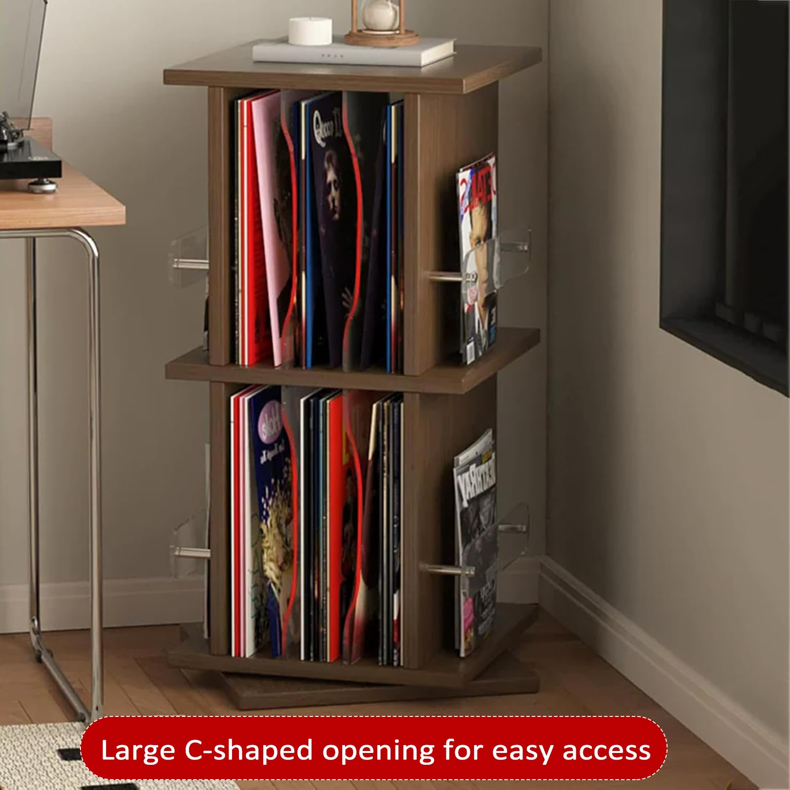 Porta Dischi in Vinile Girevole, Torre Porta CD Girevole a 2 Livelli in Legno, Rotazione Fluida a 360°, Ripiani in Acrilico Regolabili, capacità 25-56 CD, per Libri, Riviste, Dvd