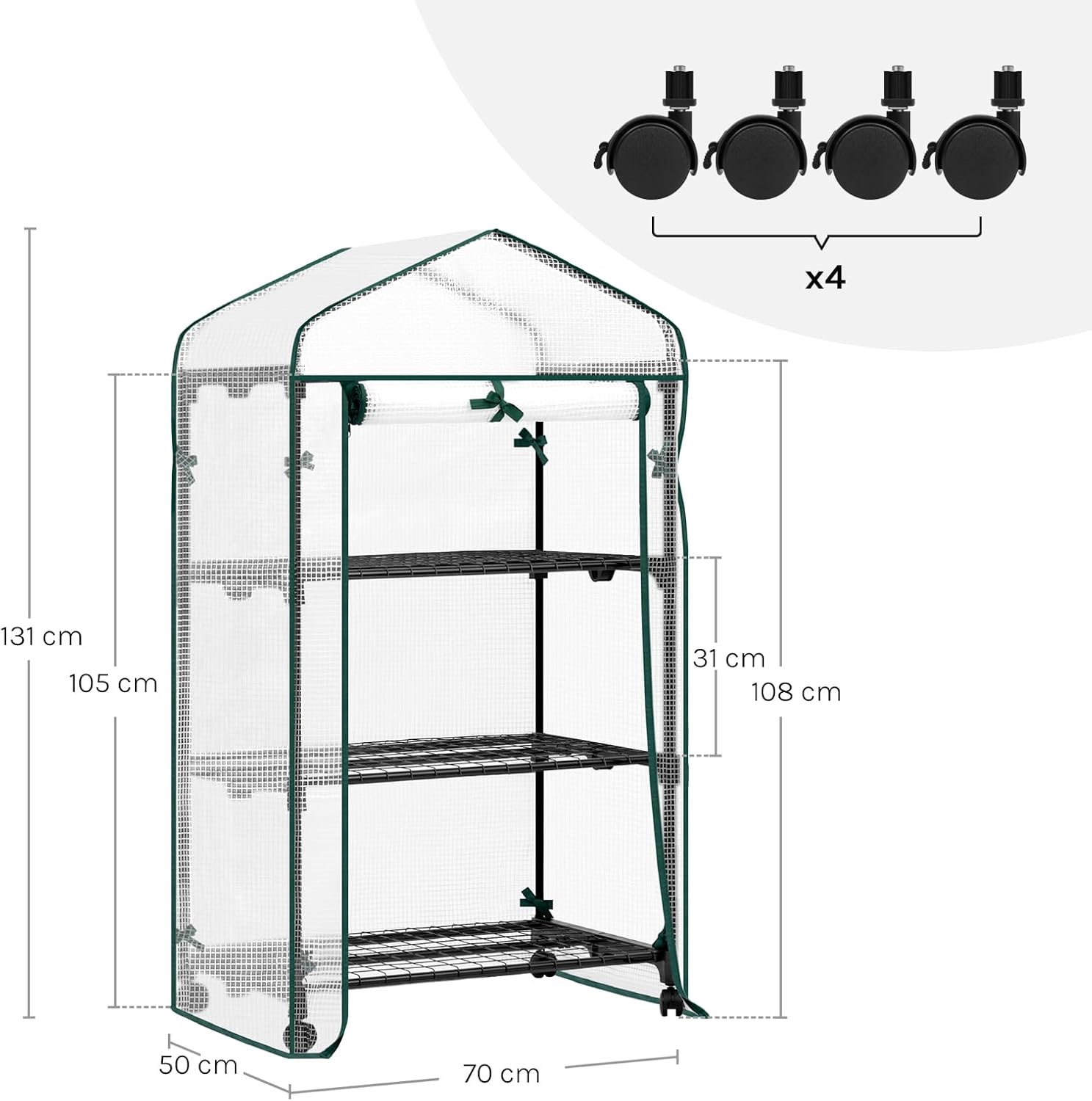 Diagram showing the dimensions of the WOLTU Mini Greenhouse: 70 cm width, 50 cm depth, and 131 cm height, with shelf heights indicated.
