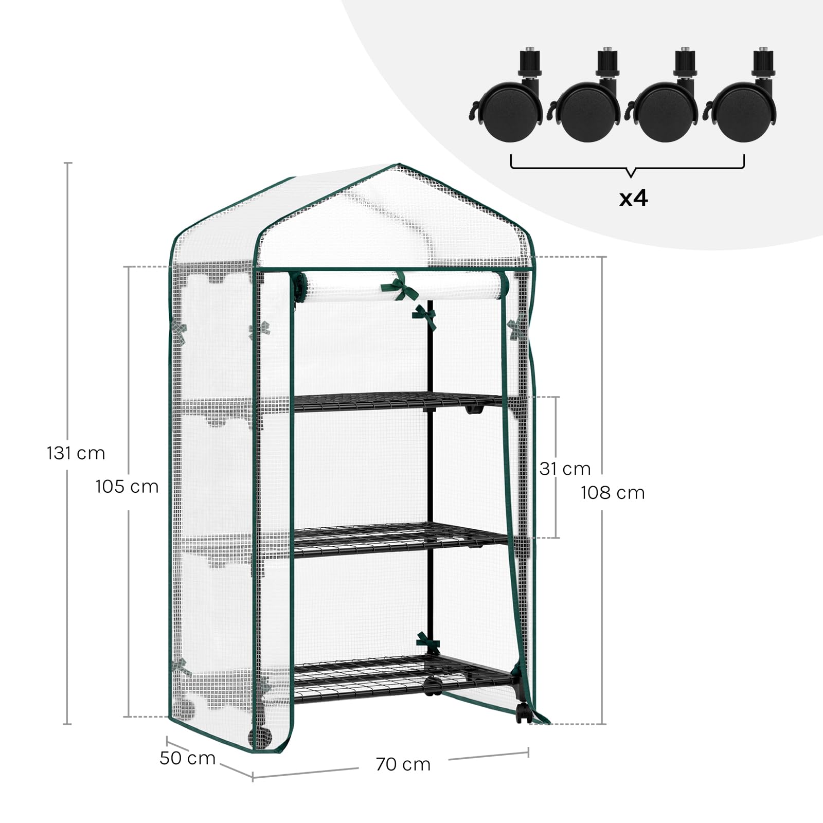 WOLTU Serra da Giardino, con Ruote, Serra da Balcone, 70x50x131 cm, Copertura in PE 140 g/m², Porta a Zip Avvolgibile, per Svernamento con 3/4 Ripiani, per Interni ed Esterni, Bianco