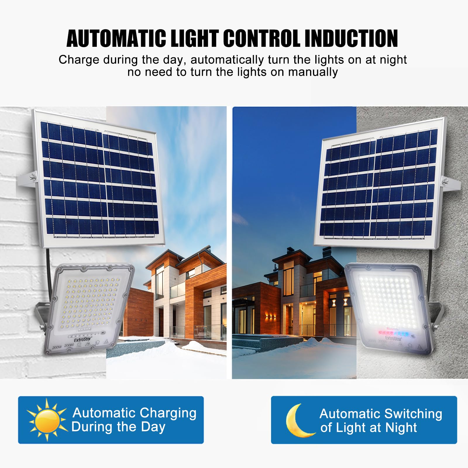 EXTRASTAR Projecteur LED solaire 200 W avec télécommande, lumière blanche froide 6 500 K, 20 000 lm, étanche IP67, adapté pour l'extérieur, jardin, cour