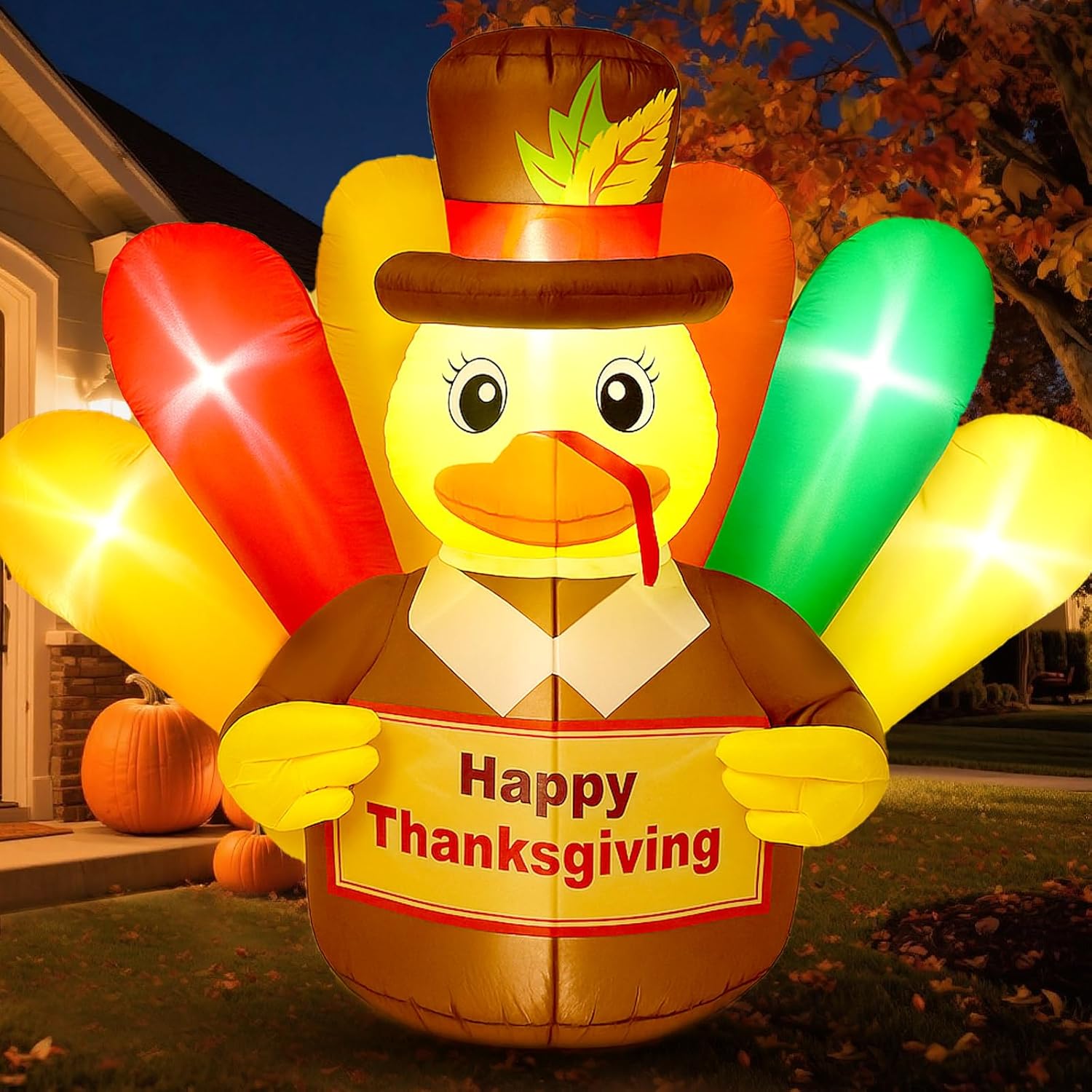 Sosation 6.5 FT Thanksgiving Inflatables Duck Turkey Inflatable Decoration Blow Up Turkey Outdoor with LED Lights Decorations for Holiday Fall Autumn Party Garden Lawn Indoor(Happy Thanksgiving)