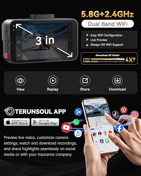 TERUNSOUl 4K+4K Dash Cam Front and Rear, Free 128GB Card Included, 5.8GHz WiFi Dash Camera for Cars, Built-in GPS, G-Sensor, 170°Wide Angle, 3" IPS Screen, 24H Parking Mode, Support 512GB Max - 4