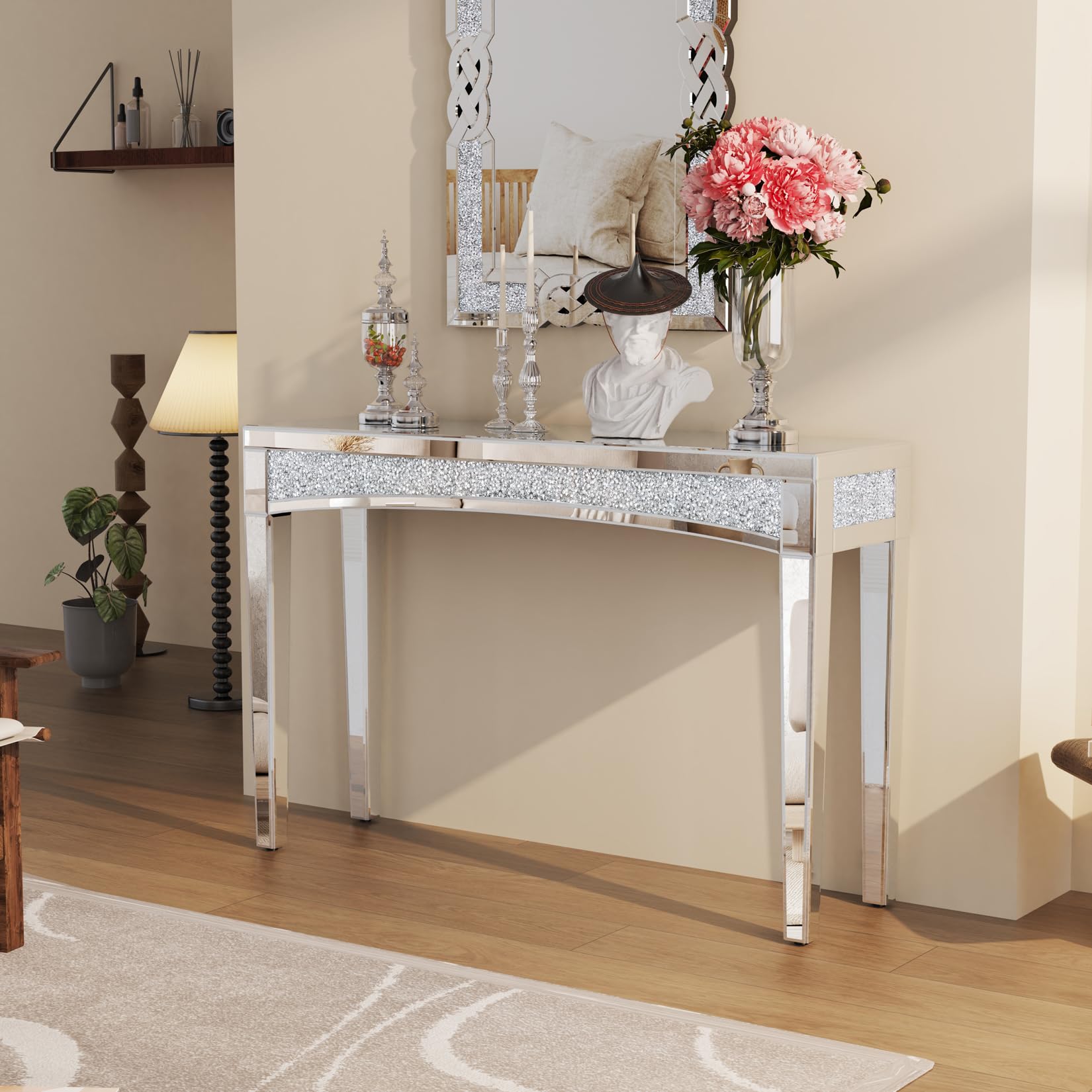 Mesa Consola de Entrada con Superficie de Espejo: 120x35x80cm Mesa de Pasillo Plateada Moderna de Cristal con Diamantes Brillantes Decoración Lujosa para Recibidor Tocador Salón Dormitorio