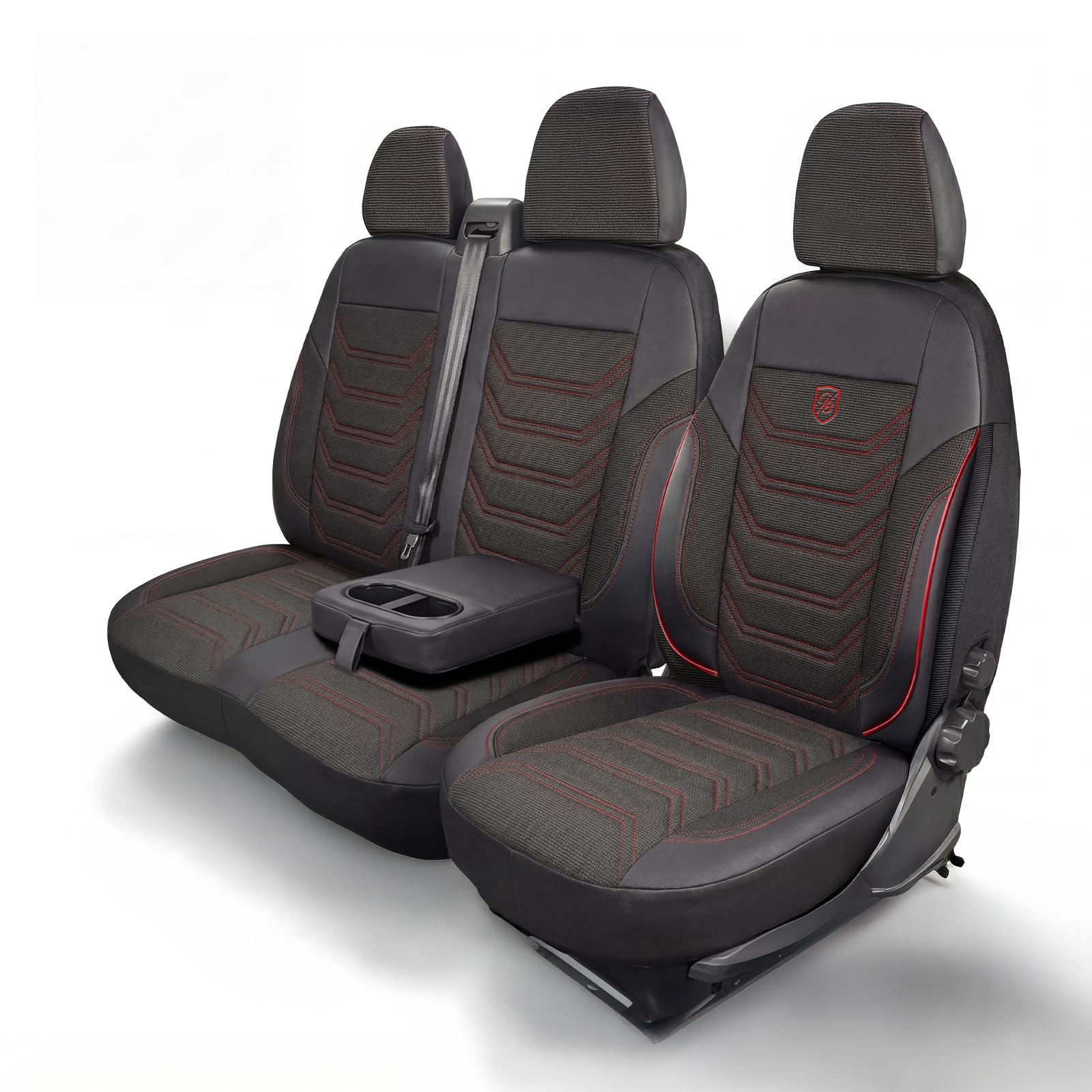 Housses de siège Auto 2+1 pour Fiat Ducato, Peugeot Boxer, Citroën Jumper (2014-2026) Opel Movano C (2022-2026) – Tissu piqué, Noir-Rouge, sièges Avant, siège Passager Droit fractionné