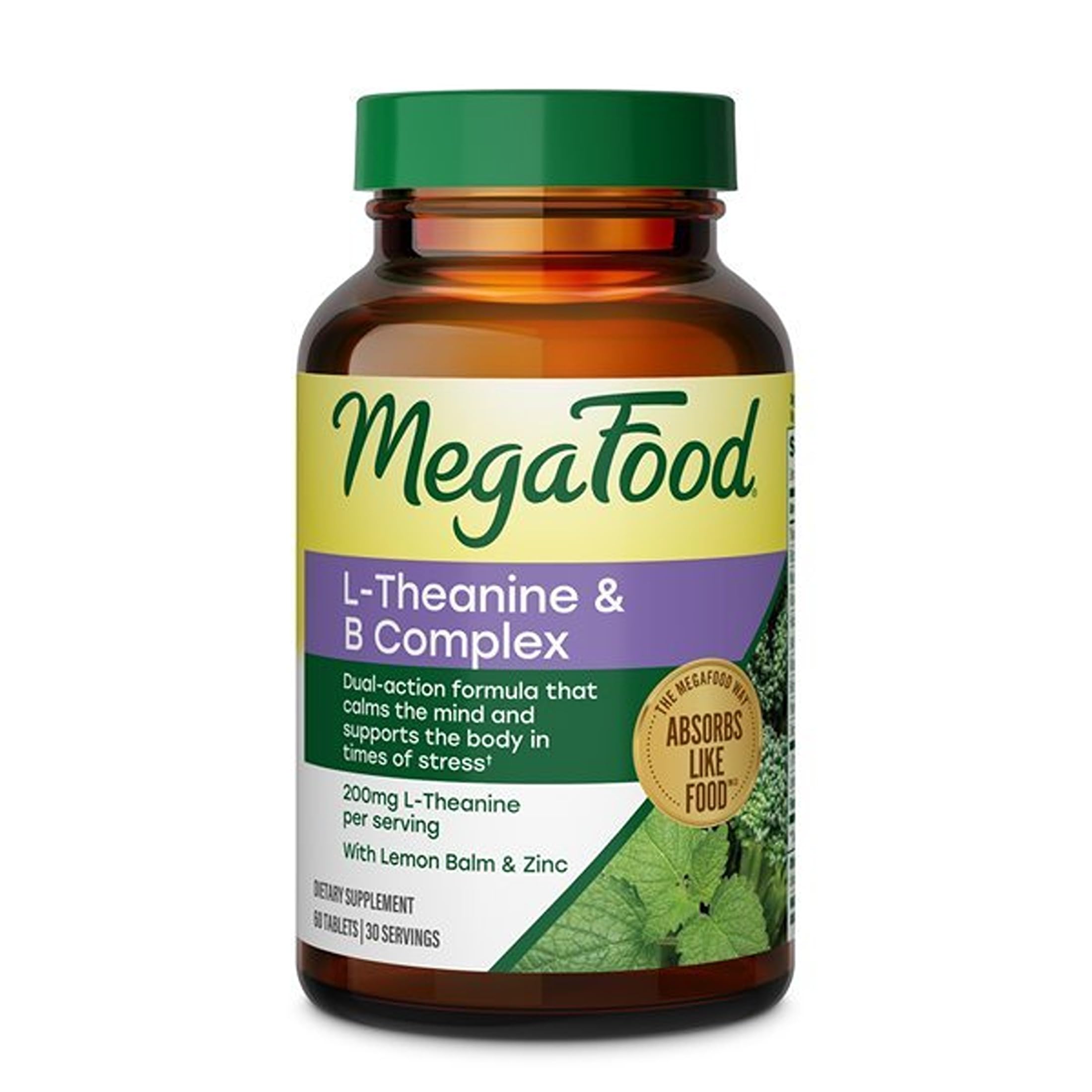 MegaFood L-Theanine 200mg & B Complex with Zinc & Lemon Balm, 60 Tablets