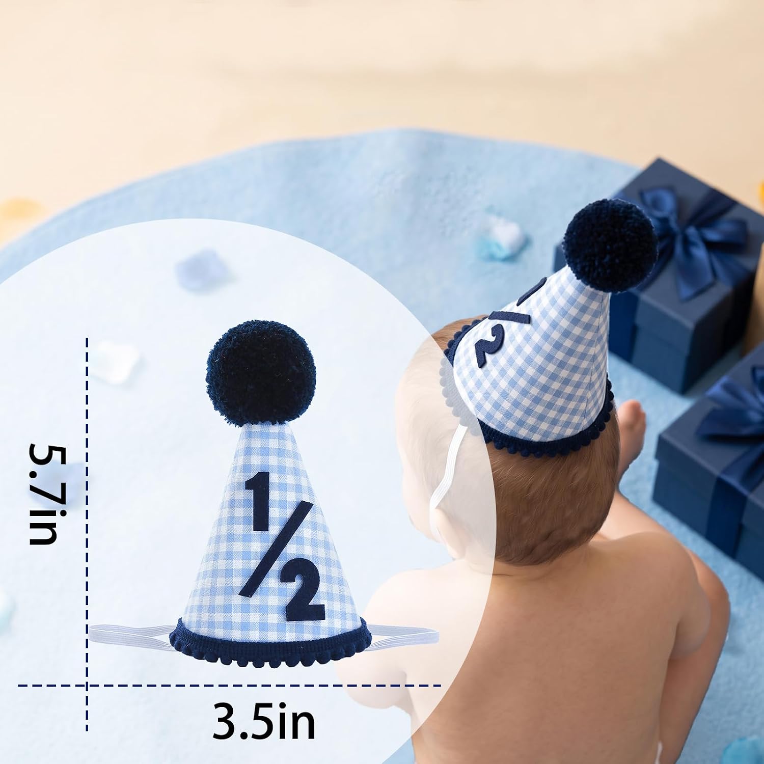 Gingham 1/2 Birthday Party Hat Pom Photo Prop 6-Month Milestone image 3
