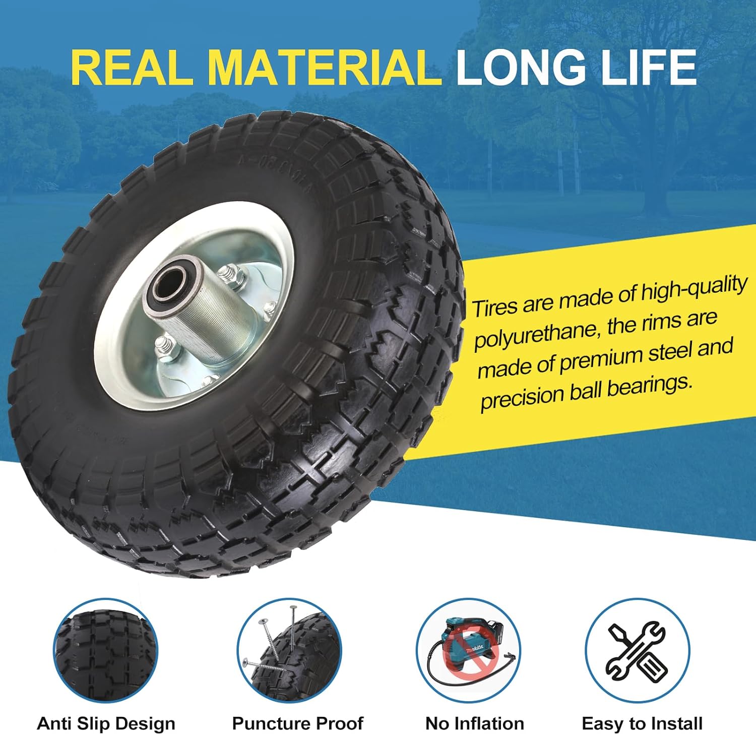 (2 Pack) 10 Inch Solid Polyurethane Tire 4.10/3.50-4 Tire, 10" Flat Free Wheels with 5/8" Bearings, 2.2" Offset Hub for Garden Cart, Hand Truck, Lawn Cart, Mower