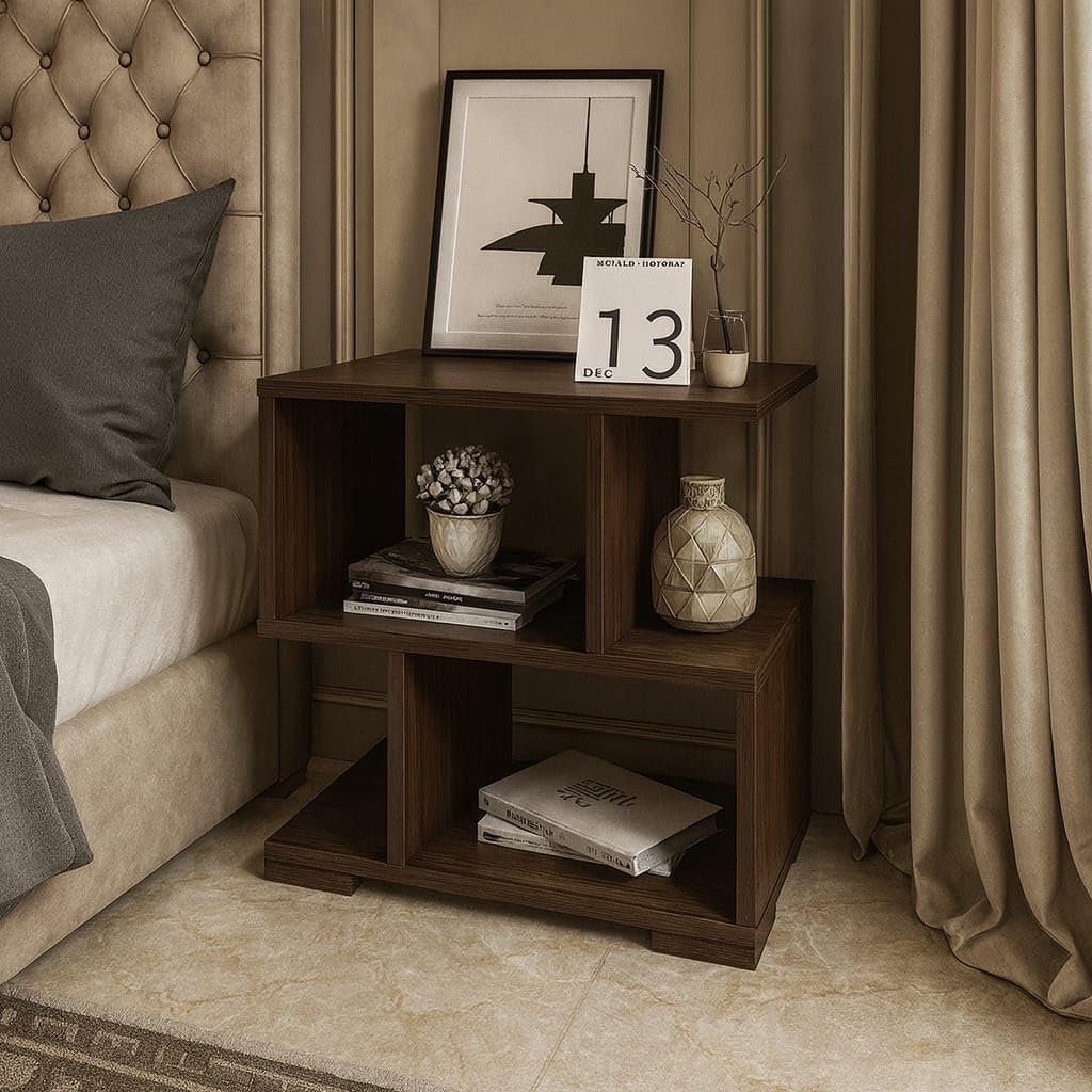 Engineered Wood Contemporary Bedside End Table with Three Open Shelves for Book Storage and a Small Nightstand Organiser Corner Stand for Office, Bedroom, Living Room Home Decor Engineered Wood Contemporary Bedside End Table with Three Open Shelves for Book Storage and a Small Nightstand Organiser Corner Stand for Office, Bedroom, Living Room Home Decor