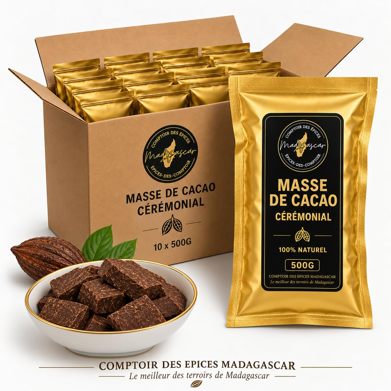 Masse de Cacao Cérémonial 5kg (10x500g) | 100% Pur | Direct Producteur | Notre Coopérative | + Vanille Bourbon BIO 100g Offerte | COMPTOIR DES EPICES MADAGASCAR