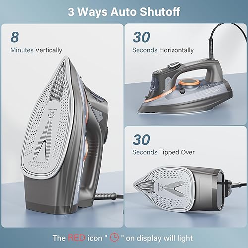 Miniatura 5 de Plancha de vapor para ropa con pantalla LCD, suela de cerámica antiadherente de 1700 W, apagado automático, autolimpieza, antigoteo, ráfaga de