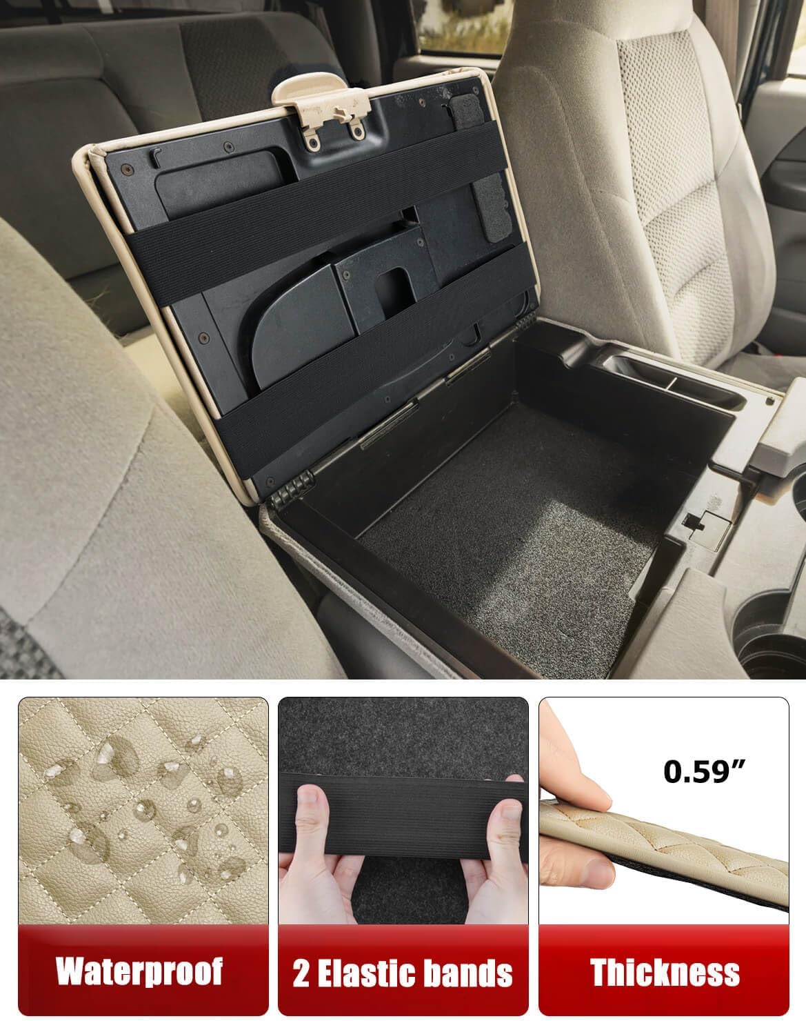 KBH Center Console Armrest Cover for Ford F250 F350 F450 1999-2010 & F550 2001-2005, Jump Seat Console, Middle Console Lid Protector, Arm Rest Cushion, Interior Accessories, Vinyl Leather, Beige