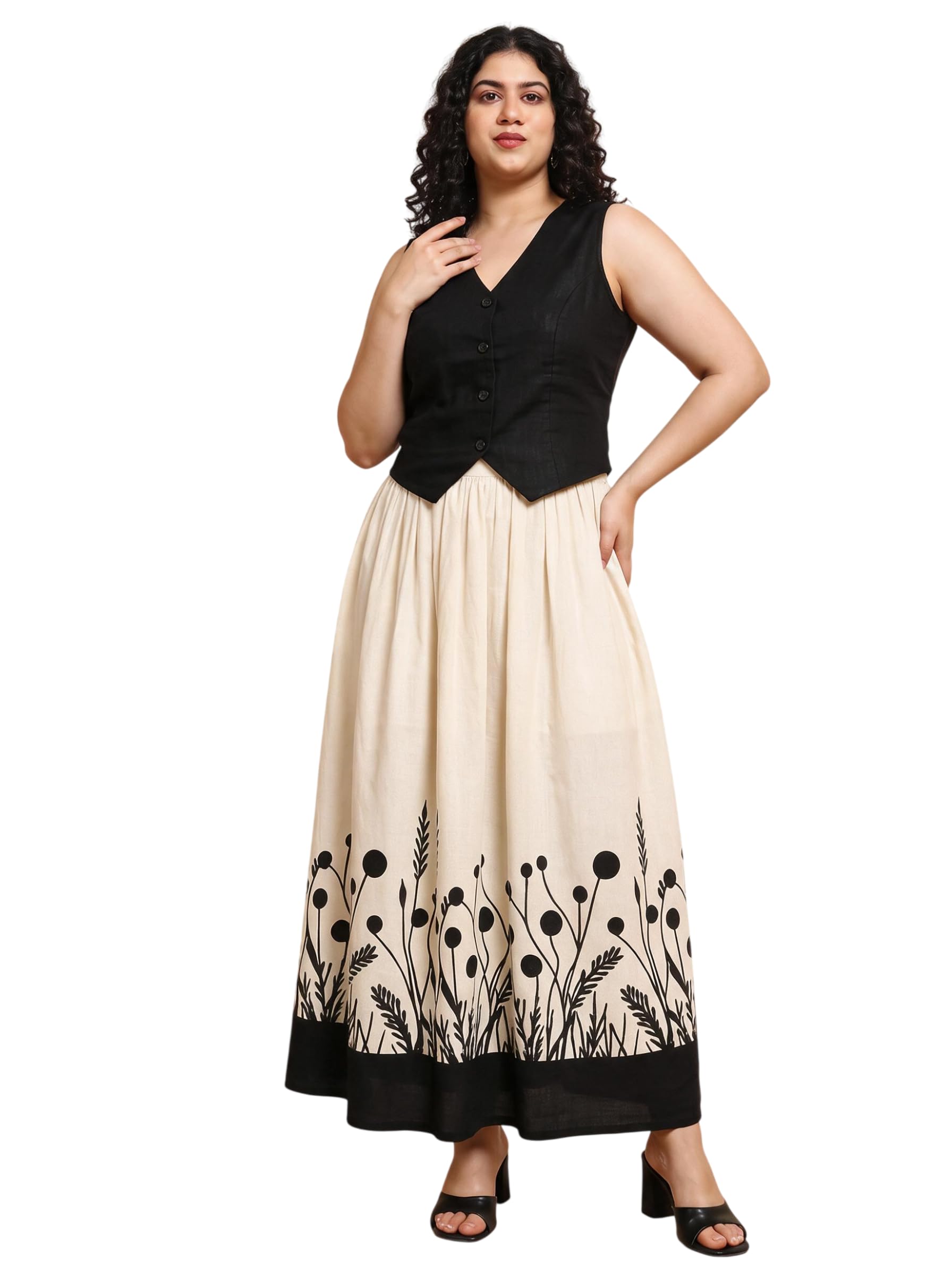 deebaco Floral Printed Cotton Waistcoat & Flared Skirt Co-Ord Set for Women's|Sleeveless V-Neck Loose Fit Casual Fashionable Co-ord Set|Ladies Party Casual Wear Outfits Summer Collection (Multicolor)-picture-46