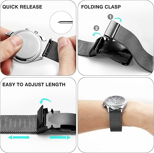 Miniatura 4 de Correa de reloj de malla de acero inoxidable para hombres y mujeres, correas de reloj de liberación rápida de 18mm 20mm 22mm 24mm (18mm negro)