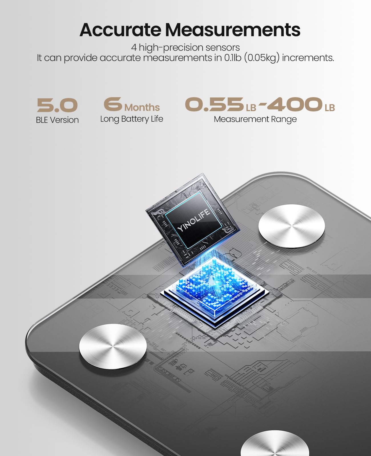 YINOLIFE Bilancia intelligente per il peso corporeo, bilancia digitale da bagno con BMI, grasso corporeo, massa muscolare, bilancia ad alta precisione con display a LED, robusto vetro temperato,