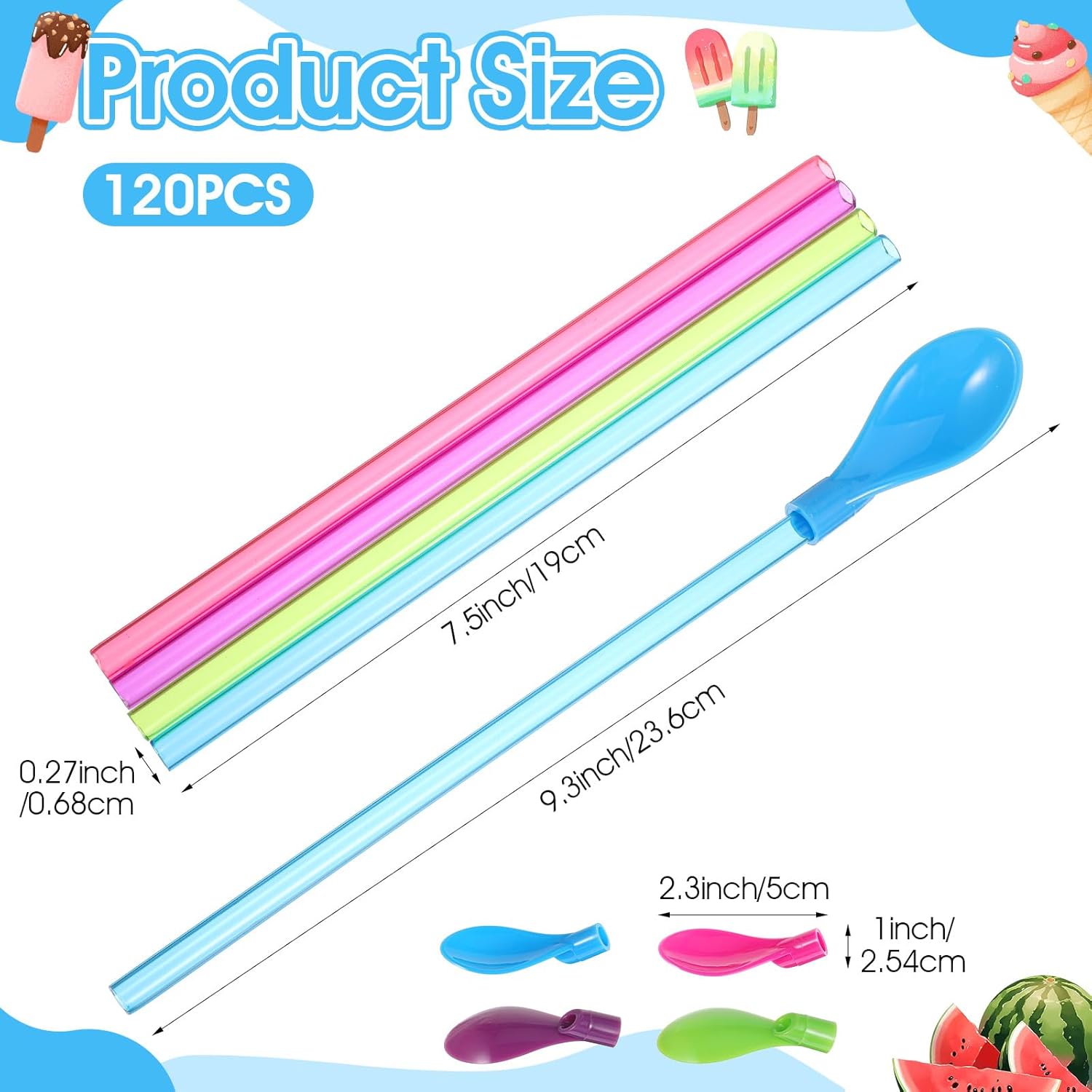 120 Pcs Reusable Plastic Spoon Straws, 9.3" Hard Snow Cone Spoon Straw – 2-in-1 Detachable Straw Spoons for Smoothies, Milkshakes, Ice Cream & Coffee (Mixed Colors)