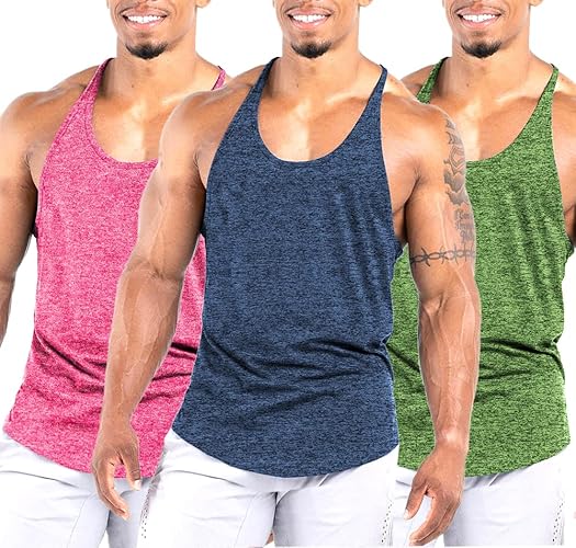 Agilelin Men's Workout Stringer Tank Tops Athletic Quick Dry Y-Back Tops Bodybuilding Muscle Shirts for Gym(1 Or 3 Pack) - X-Large - Blue/Pink/Green