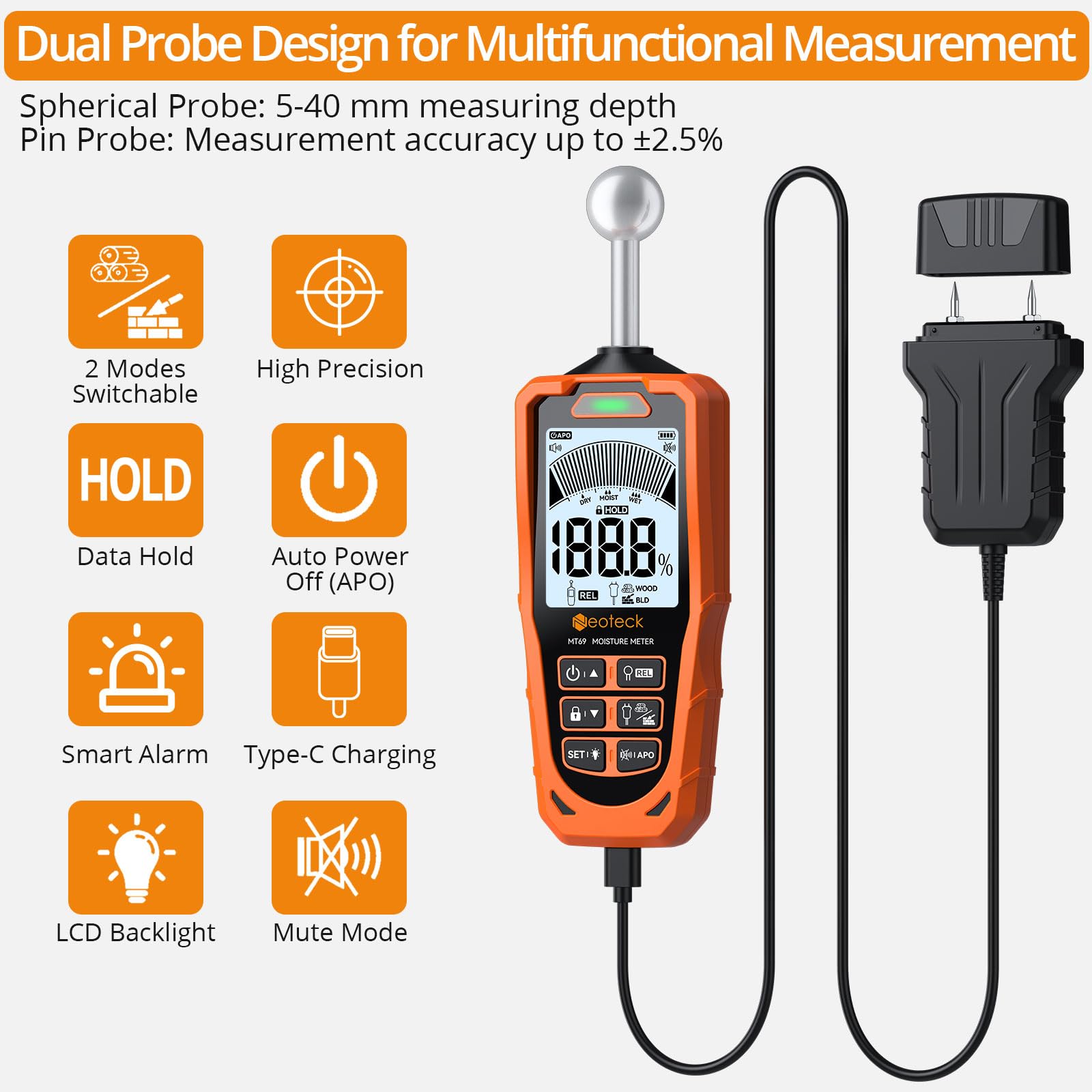 Neoteck 2-in-1 Moisture Meter with Pin & Ball Sensor, Non-Destructive Wall Damp Detector with LCD & Alarm, for Wood Concrete - Image 2