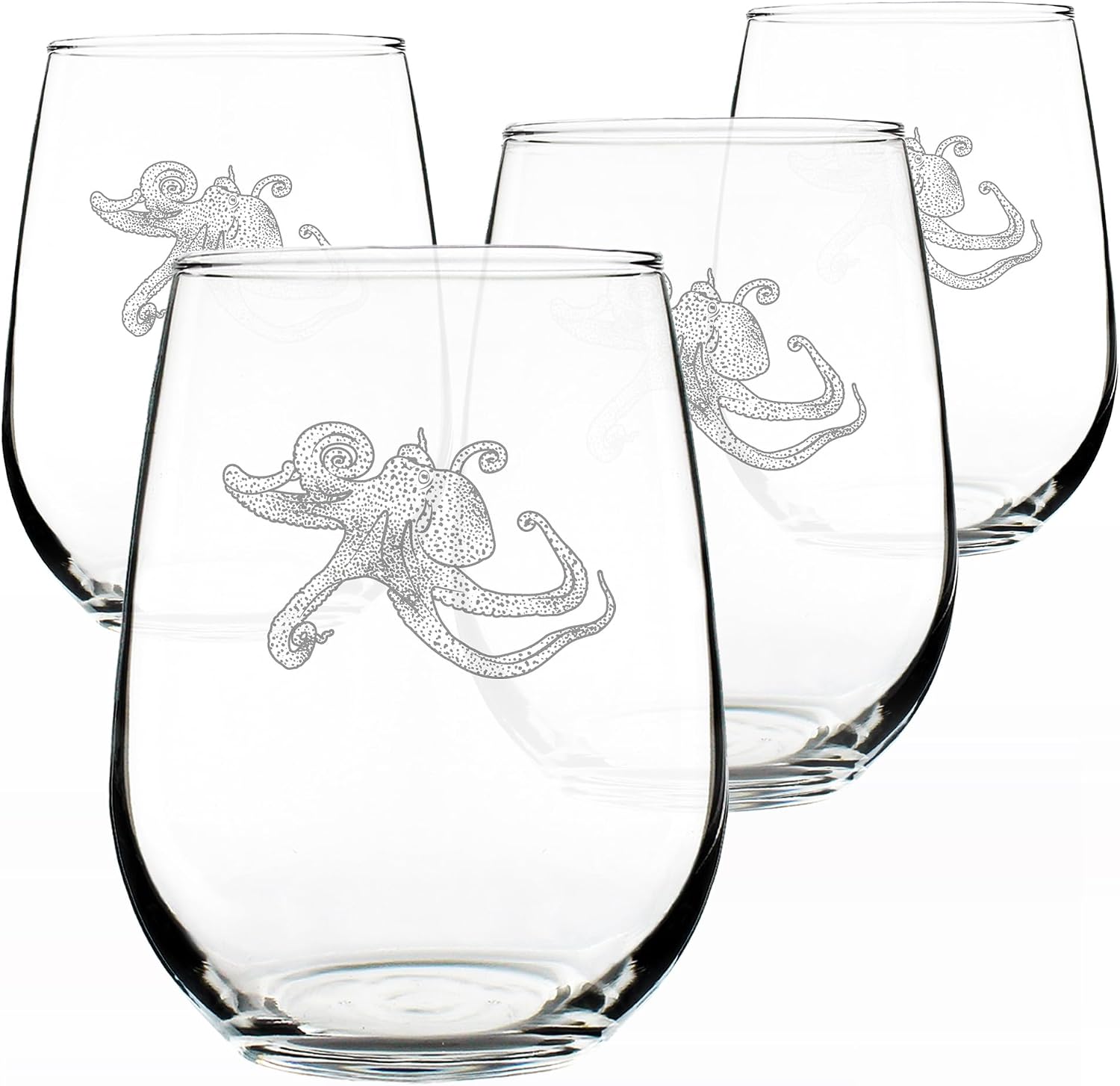Bevvee Octopus Stemless Wine Glass - Octopus Decor or Gifts for Beach and Ocean Lovers - Engraved Design - Set of 2 - Large 17 Oz Glasses