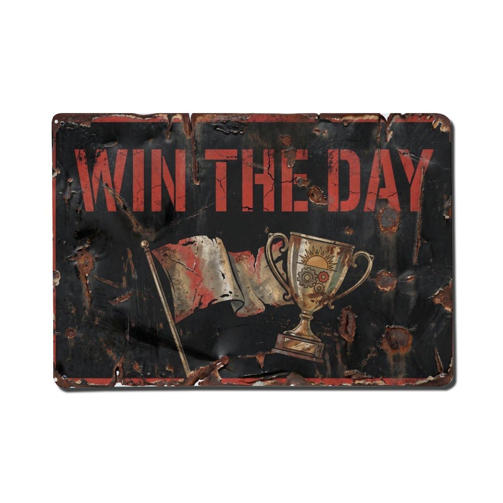 Win The Day Motivation Retro Motivational Slogans Metal Tin Sign Wall Decor for Cafe, Club, Garden Metal Poster 8x12Inch