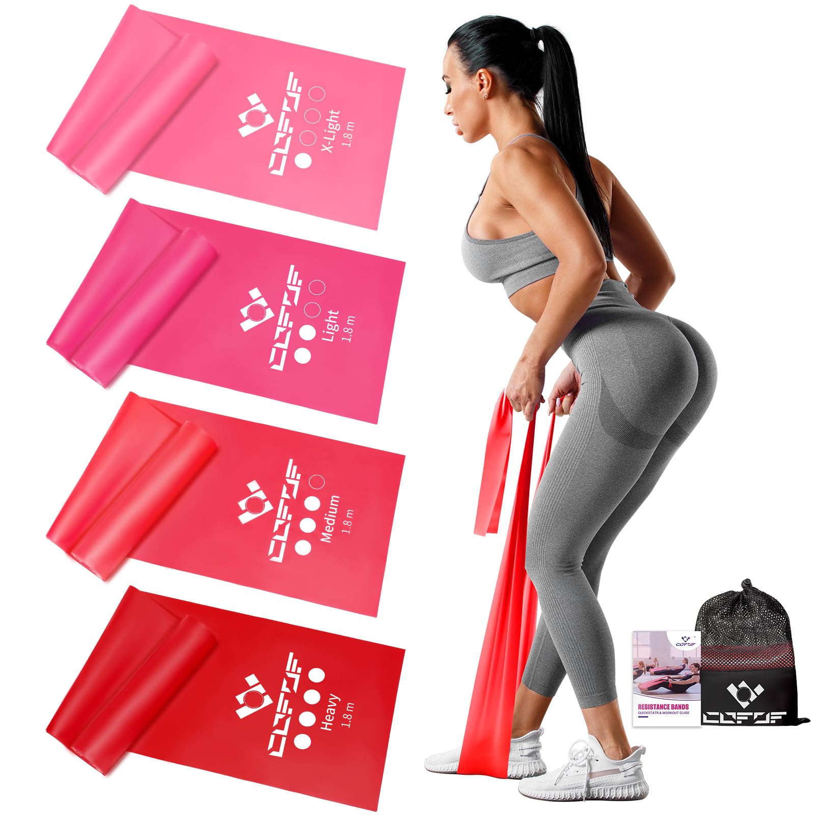 COFOF Fitnessbänder 4er-Set, Gymnastikband mit 4 Widerstandsstufen, Fitnessband mit Tragetasche & Übungsanleitung Geliefert Ideal für Yoga, Pilates(Farbverlauf Rosa)