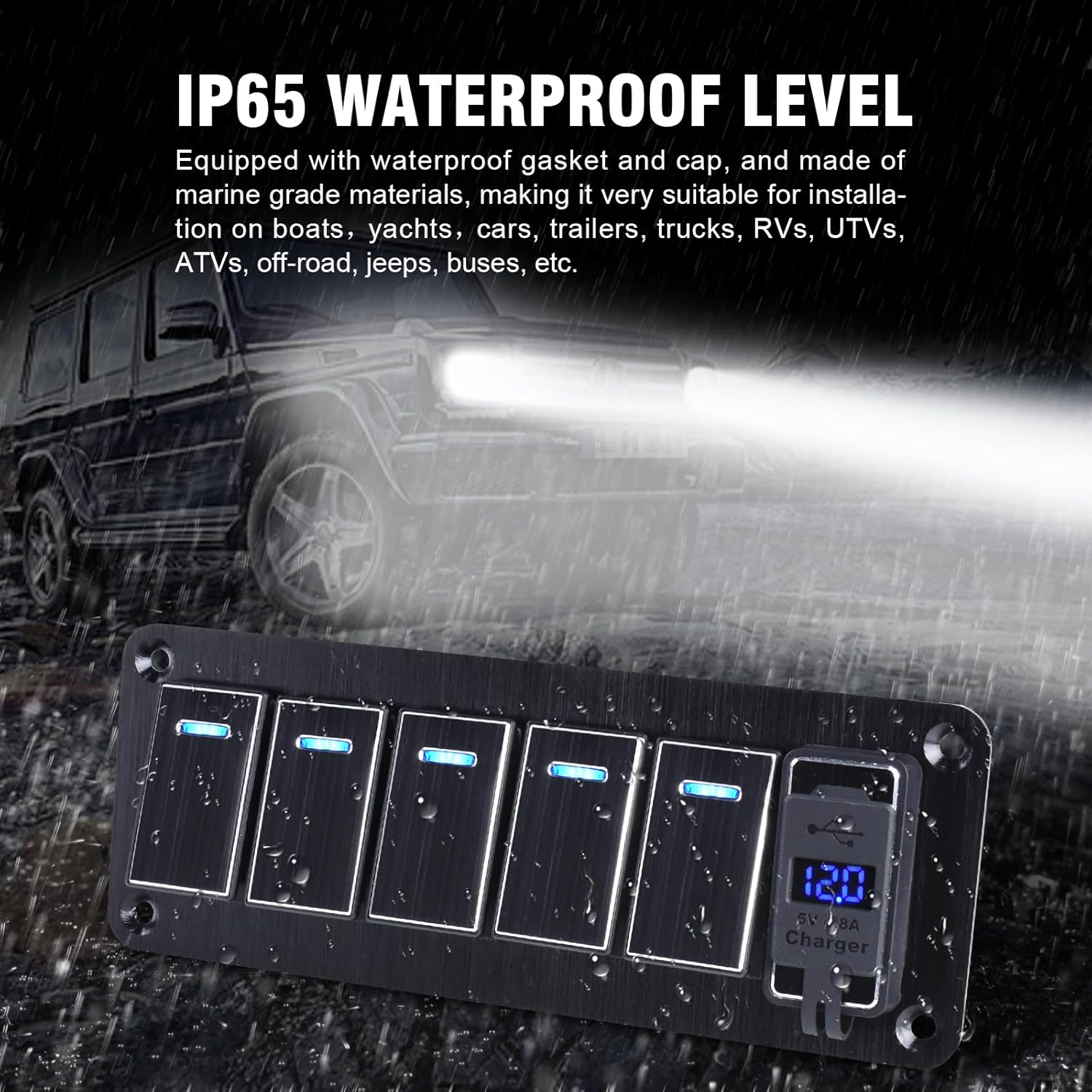 5 Gang Aluminum Rocker Switch Panel with 4.8 Amp Dual USB Charger Voltmeter Waterproof 12V 24V DC Rocker Switch with Night Glow Stickers for Cars Trucks Boats RVs