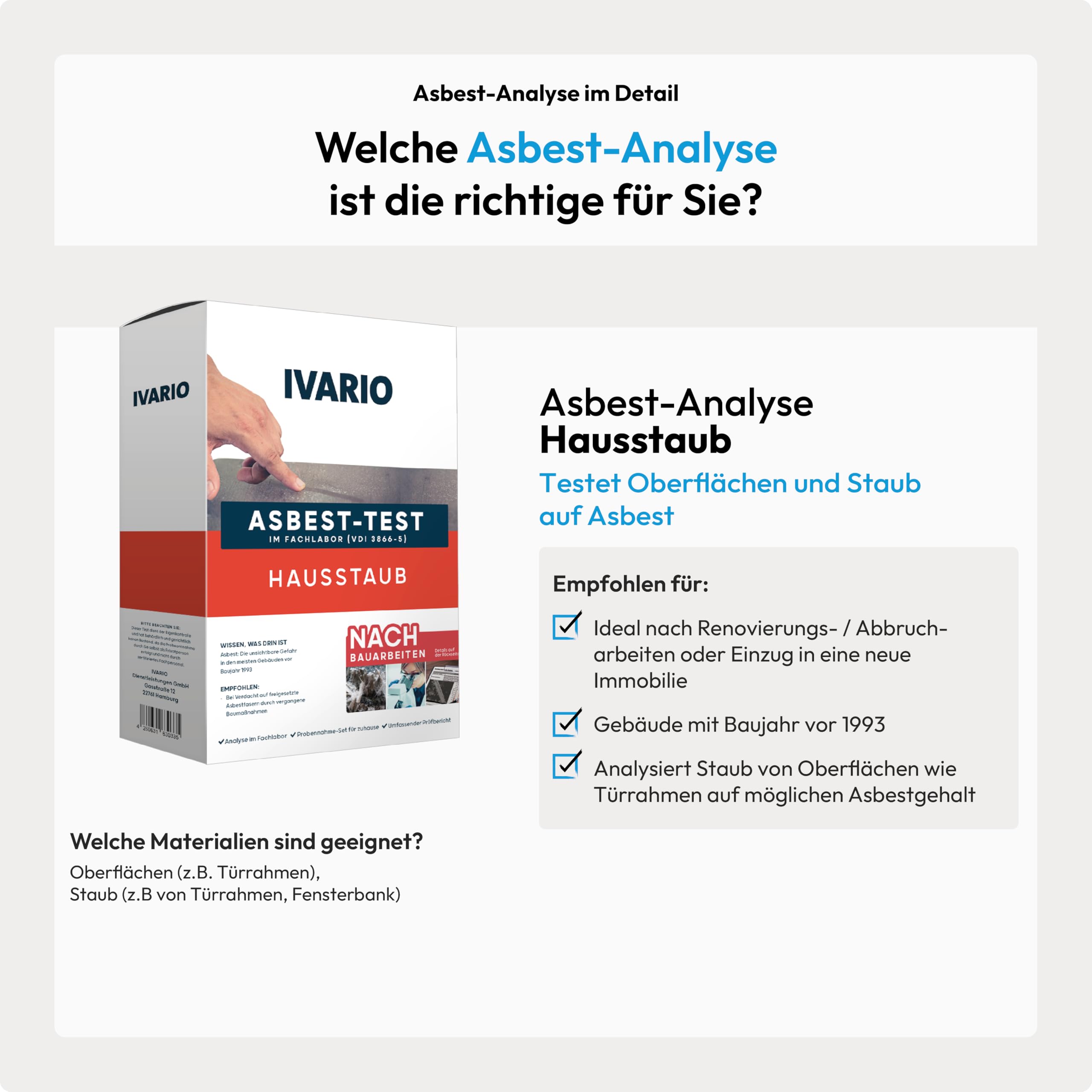 IVARIO Express Asbest-Analyse Hausstaub | Raumluft - bei Verdacht auf freigesetzte Asbestfasern im Fachlabor analysieren