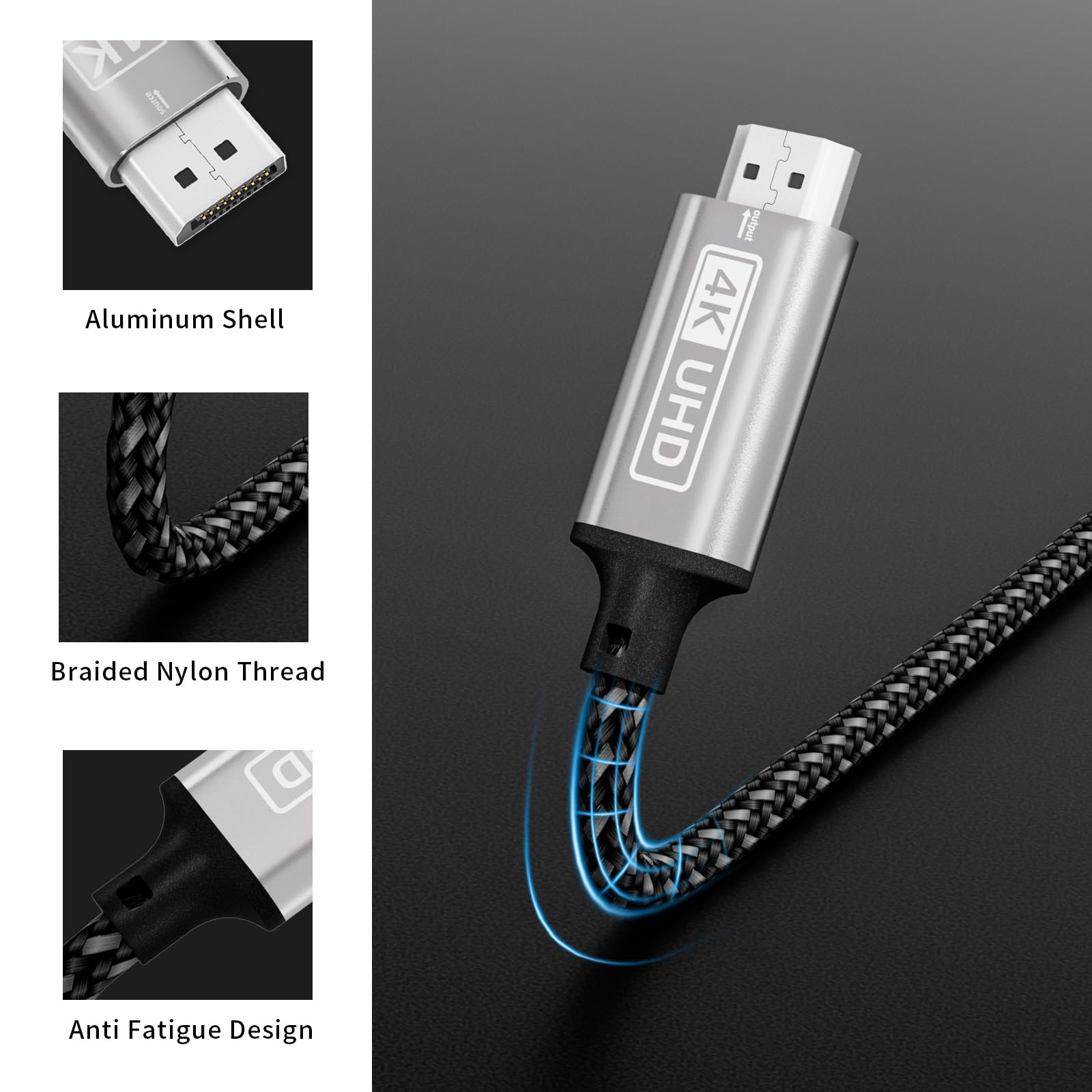 DisplayPort do HDMI, Cuteluding kabel 4K displayport do HDMI 2M jednokierunkowy DP do hdmi, spleciony nylonem displayport HDMI Kompatybilny z laptopami, komputerami stacjonarnymi, PC, Dell, HDTV