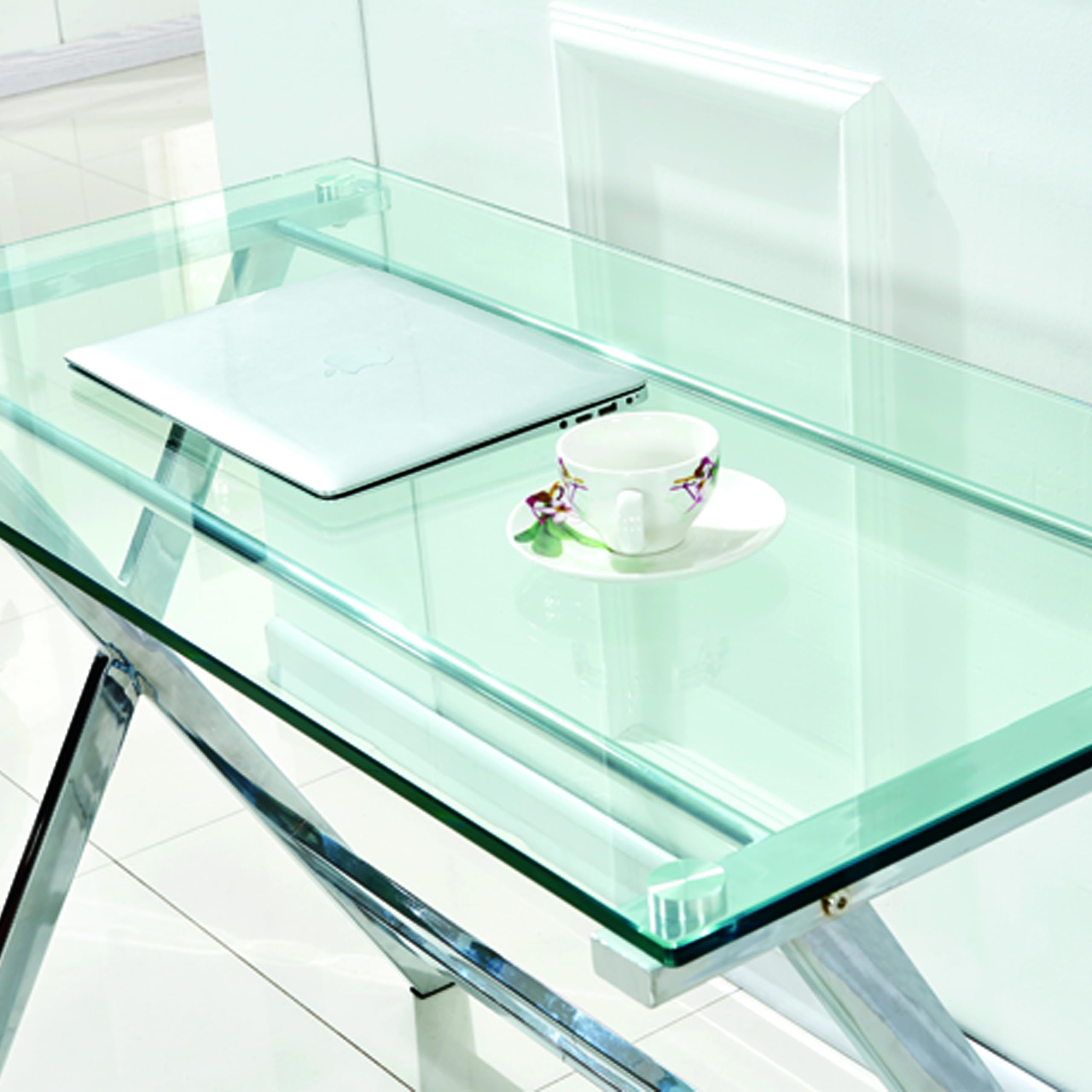HAINEW HD26040115 - Escritorio de cristal para ordenador con mesa de cristal y patas metálicas plateadas en forma de X, mesa de oficina, mesa auxiliar para casa, oficina, salón, 110 x 55 x 76 cm