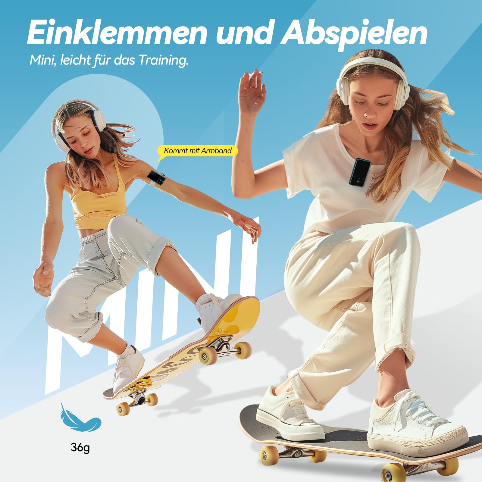AGPTEK 64GB MP3 Player mit Sport Clip, Bluetooth 5.3 Player mit 1,8 Zoll TFT Farbbildschirm, Mini Musik Player mit Touch-Tasten, FM Radio, Schrittzähler, unterstützt bis 128GB SD Karte, Blau