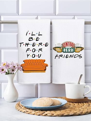 HSSPIRITZ Lot de 2 torchons de cuisine amusants avec inscription « Friends » - Cadeau de décoration de cuisine - Motif « Central Perk » - « I 'll Be There for You » - Cadeau d'anniversaire pour les - 3
