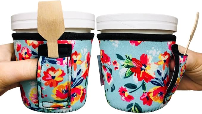 Drink Handlers Ice Cream Cooler Sleeve - Neoprene Ice Cream Pint Holder with Handle and Pocket - Tear Resistant Cooler - Leak Proof Cup Cover for Frozen Desserts