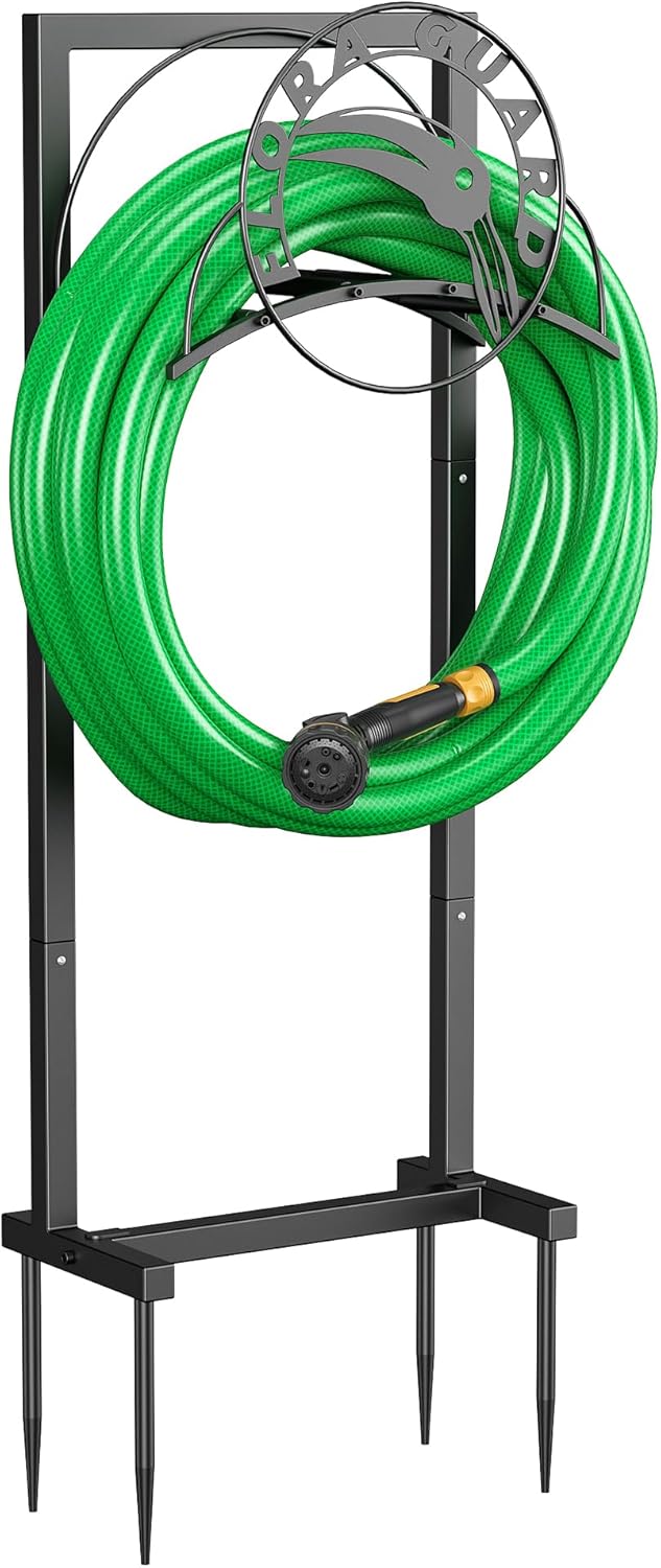 FLORA GUARD Garden Hose Holder Stand for Outside, Heavy Duty Freestanding Hose Hanger with 4 Long Spikes, Holds 160 ft Hose, Rustproof Metal Hose Storage Rack for Yard Lawn