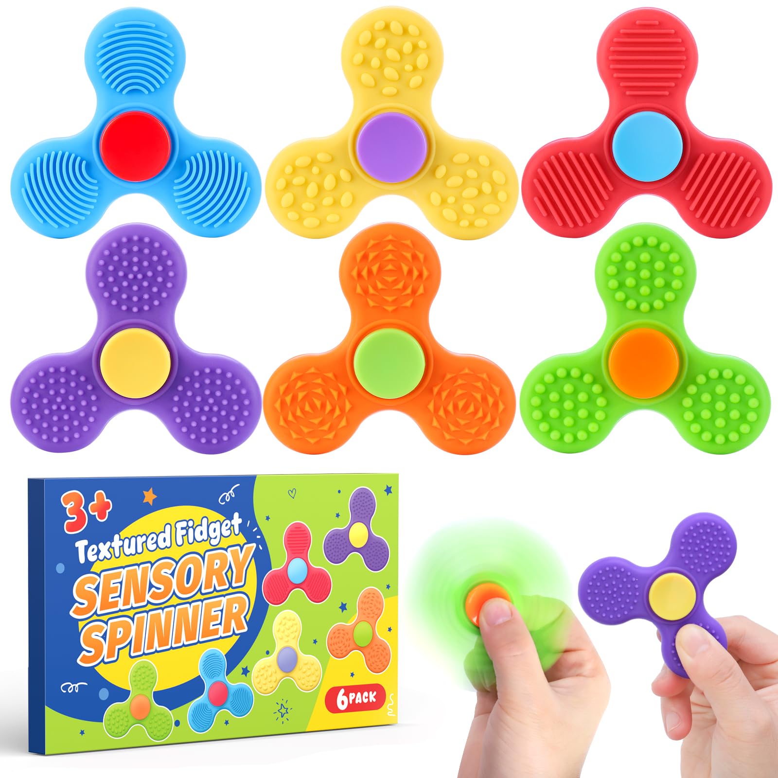 MACALOCA Sensory Fidget Spinners for Kids & Adults, Textured Finger Fidgets 6 Pack