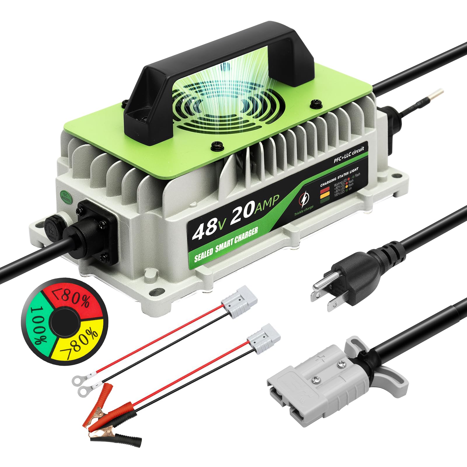 Cargador de batería de litio de 20 A, 48 voltios, cargador de batería de litio de 48 V, cargador LiFePO4 para coches, caravanas, barcos, coches, carretillas elevadoras, 1000 W, IP65, impermeable, con