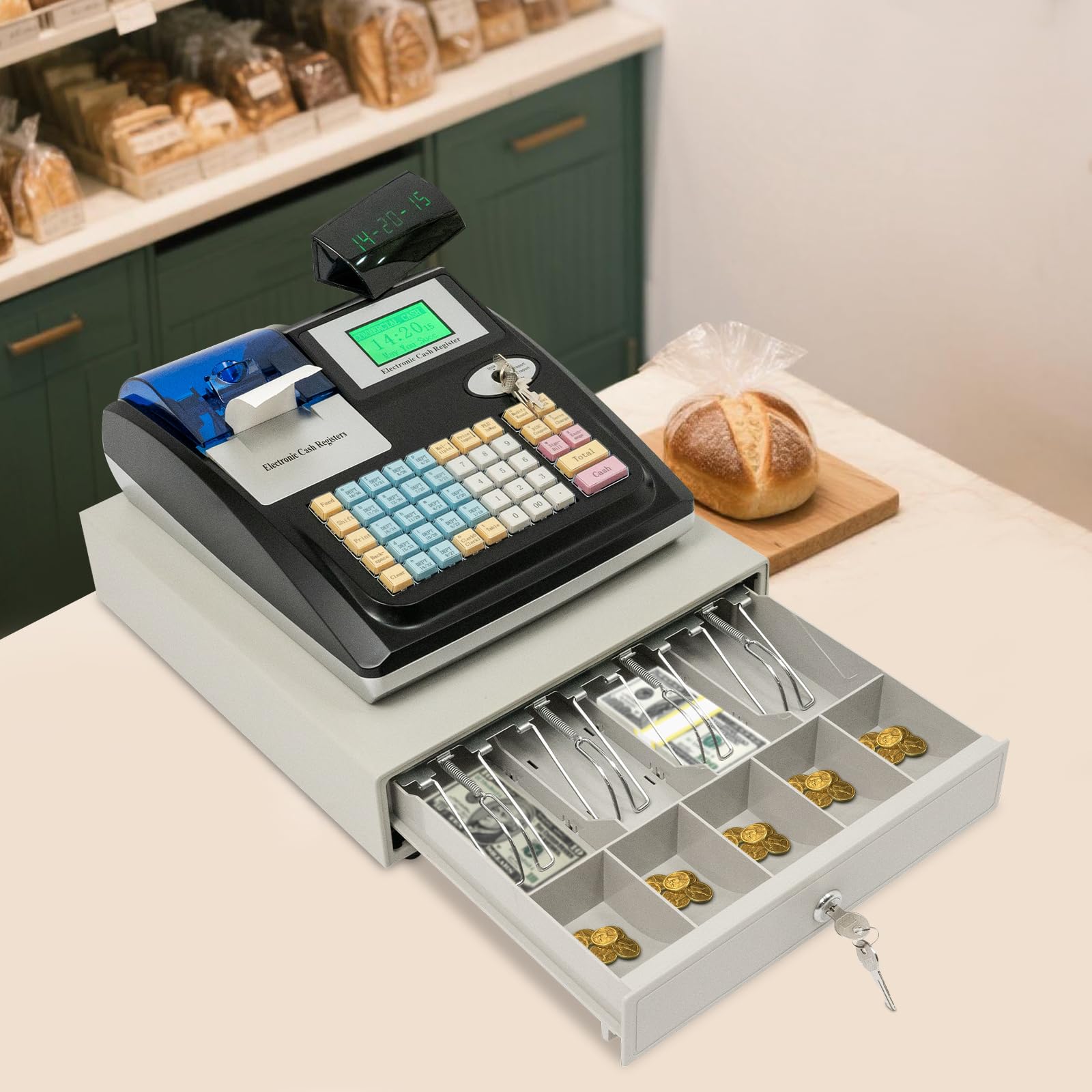 Caisse enregistreuse pour petites entreprises - Caisse enregistreuse pour commerce et gastronomie - 48 touches - 36 compartiments - 2 voies - Affichage pour restaurant, commerce de détail - Boîtier en