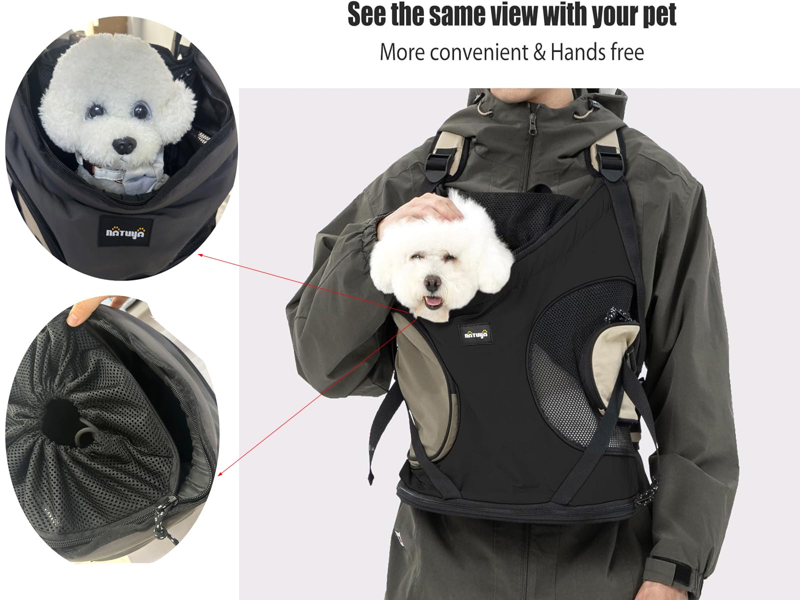 NATUYA Hundetragetasche für kleine Hunde, Haustier-Tragetasche mit gepolsterter Bodenmatte, 2 Reißverschlusstaschen, Reisen, Wandern, Haustier-Front-Hundetragetasche (Grau)