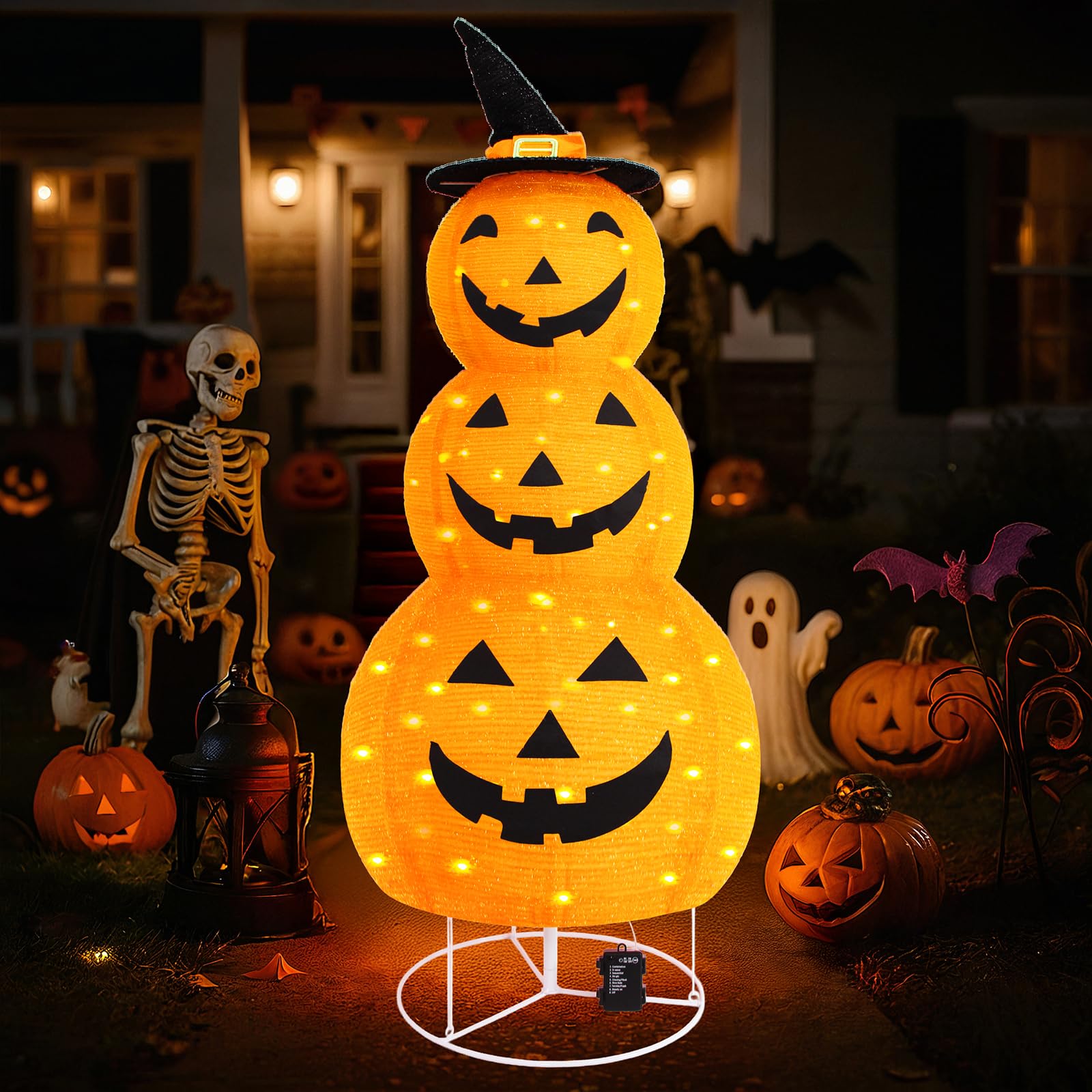 Lanterne pliable citrouille d'Halloween pré-éclairée 100 LED autonomie à piles