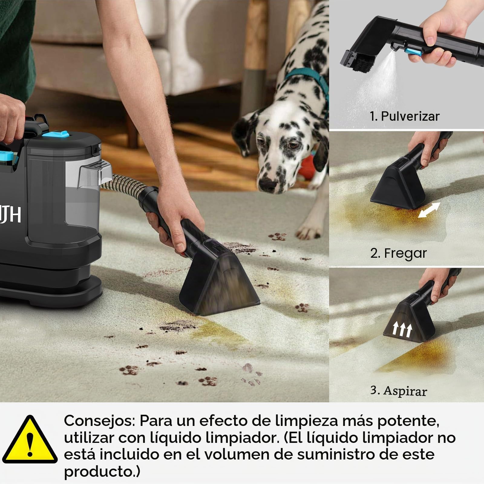 Limpiador de alfombras, limpiador de tapicería, dispositivo con cepillo para pelo de animales y herramienta de limpieza de mangueras para alfombras, sofá, tapicería, escaleras, coche, aspiradora en