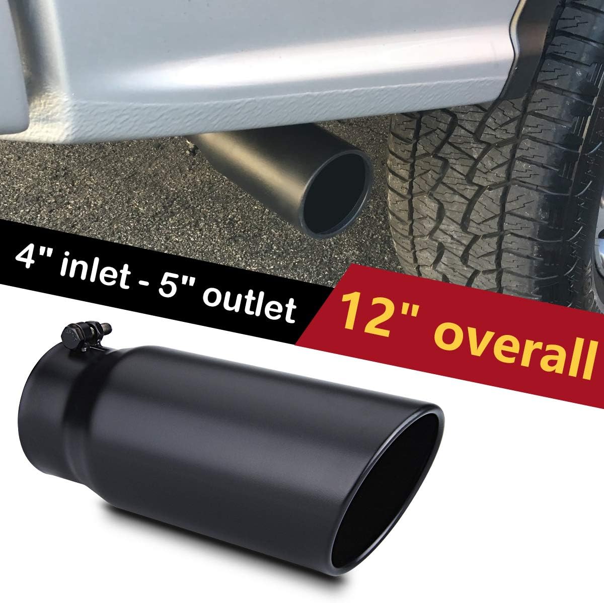 LCGP 4" to 5" Diesel Exhaust Tip, 12" Overall Length Bolt On Design Truck Tail Tip, Black Powder Coated,Rolled Angle Cut Design