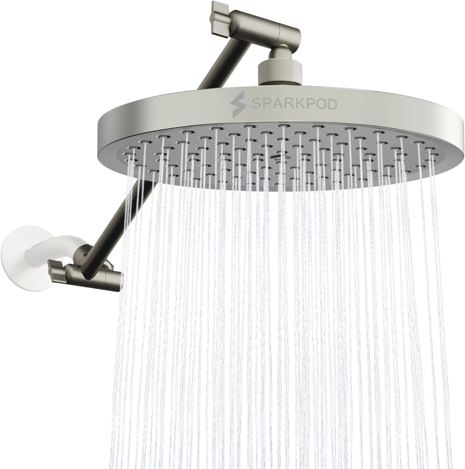 SparkPod Brushed Nickel 8" Round Shower Head with 11" Arm - High Pressure Luxury Rain Shower Head with Adjustable Shower Arm Extension