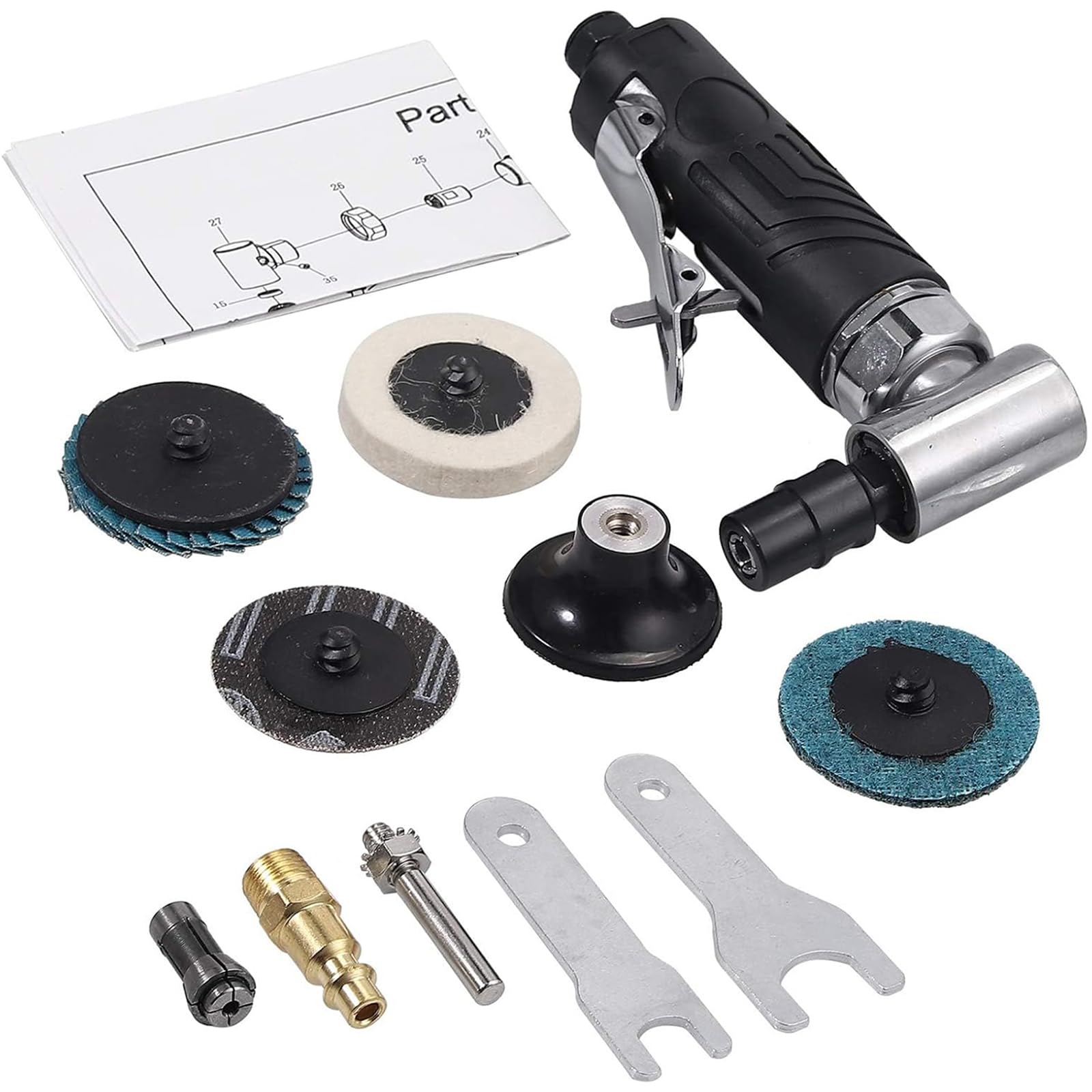 EYPINS Mini Lijadora Neumática, 1/4" 90 Grados Pulidora Neumática Amoladora de Ángulo de Aire Comprimido con Disco de Arena y Barra Fija, con Cubierta Protectora, para Moler, Pulir, Fresar