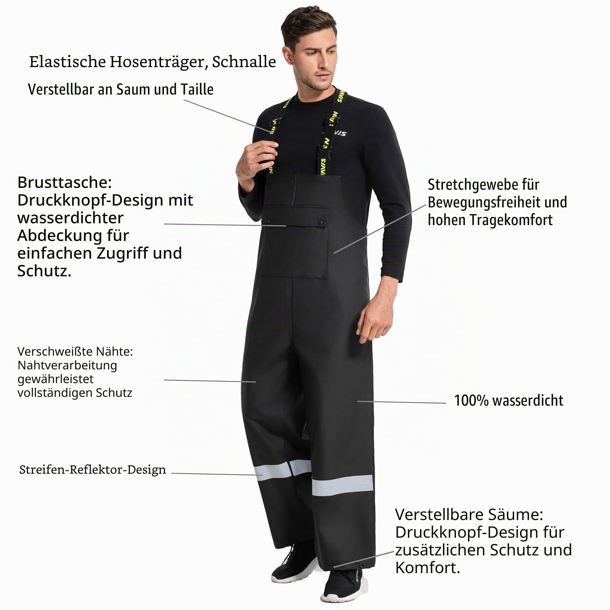 Regenanzug Herren Warnschutz Wasserdicht - PU Regenjacke & Latzhose, Regenbekleidung mit 360° Reflektoren. Ideal für Baustelle, Landwirtschaft, Outdoor