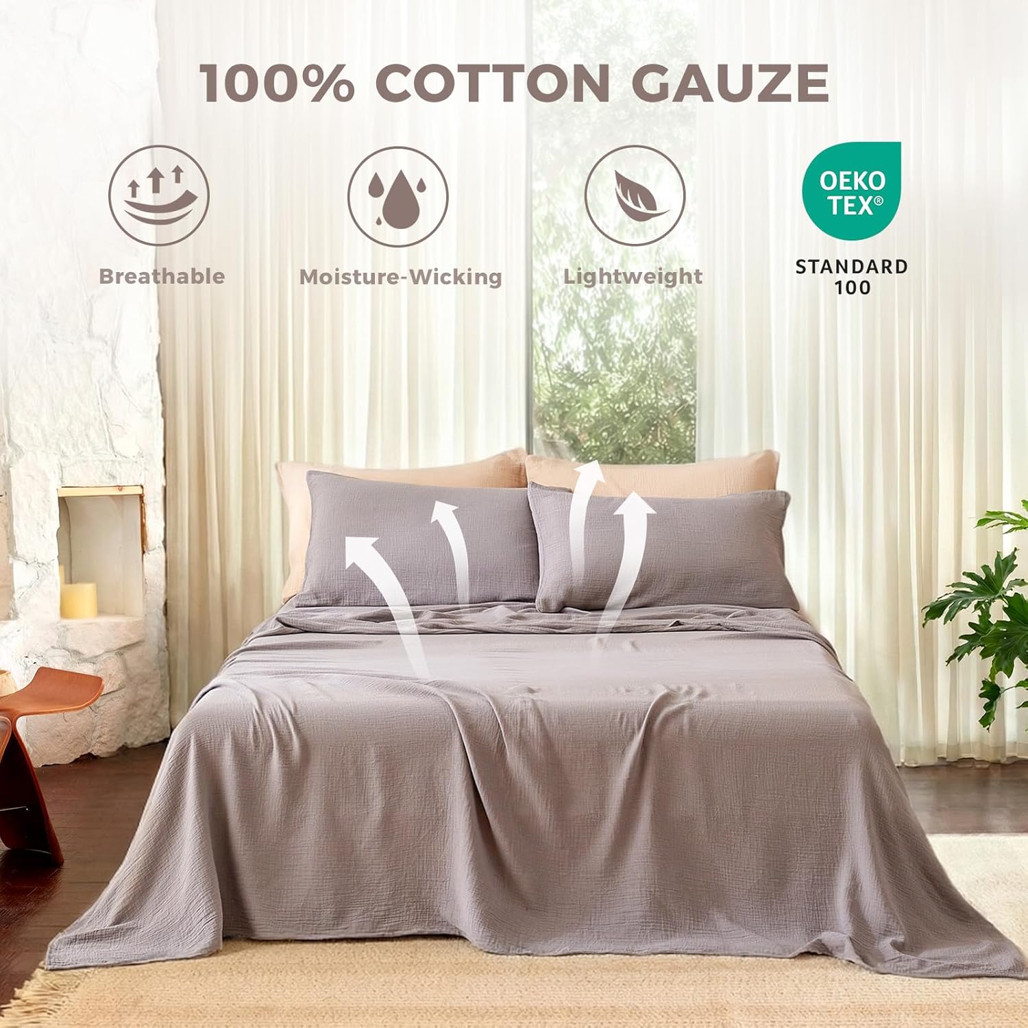 Queen Sheet Set Cotton Bed Sheets Gauze 4 Pcs Grey Queen Sheets Set 16" Deep Pocket Sheet & Pillowcase Sets Boho Muslin Queen Sheets Soft Queen Bedding Sets for All Season - Image 2