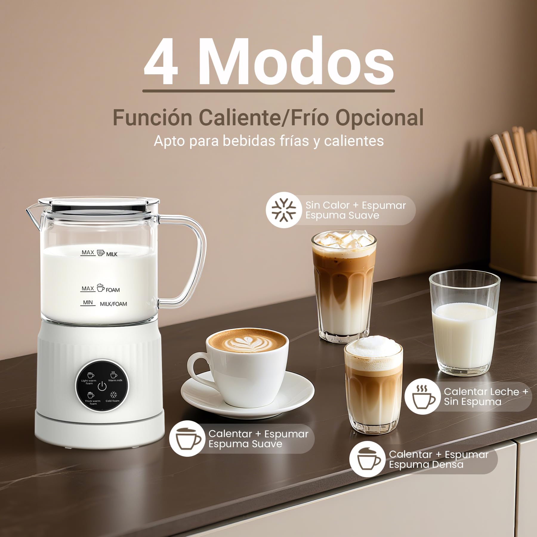 Casimhu 4 en 1 Espumador de Leche Eléctrico, Creador de Espuma Fría y Caliente, Espumador Leche Eléctrico, Calentador de Leche para Café, Latte, Capuchino, Vidrio, Blanco (Blanca)