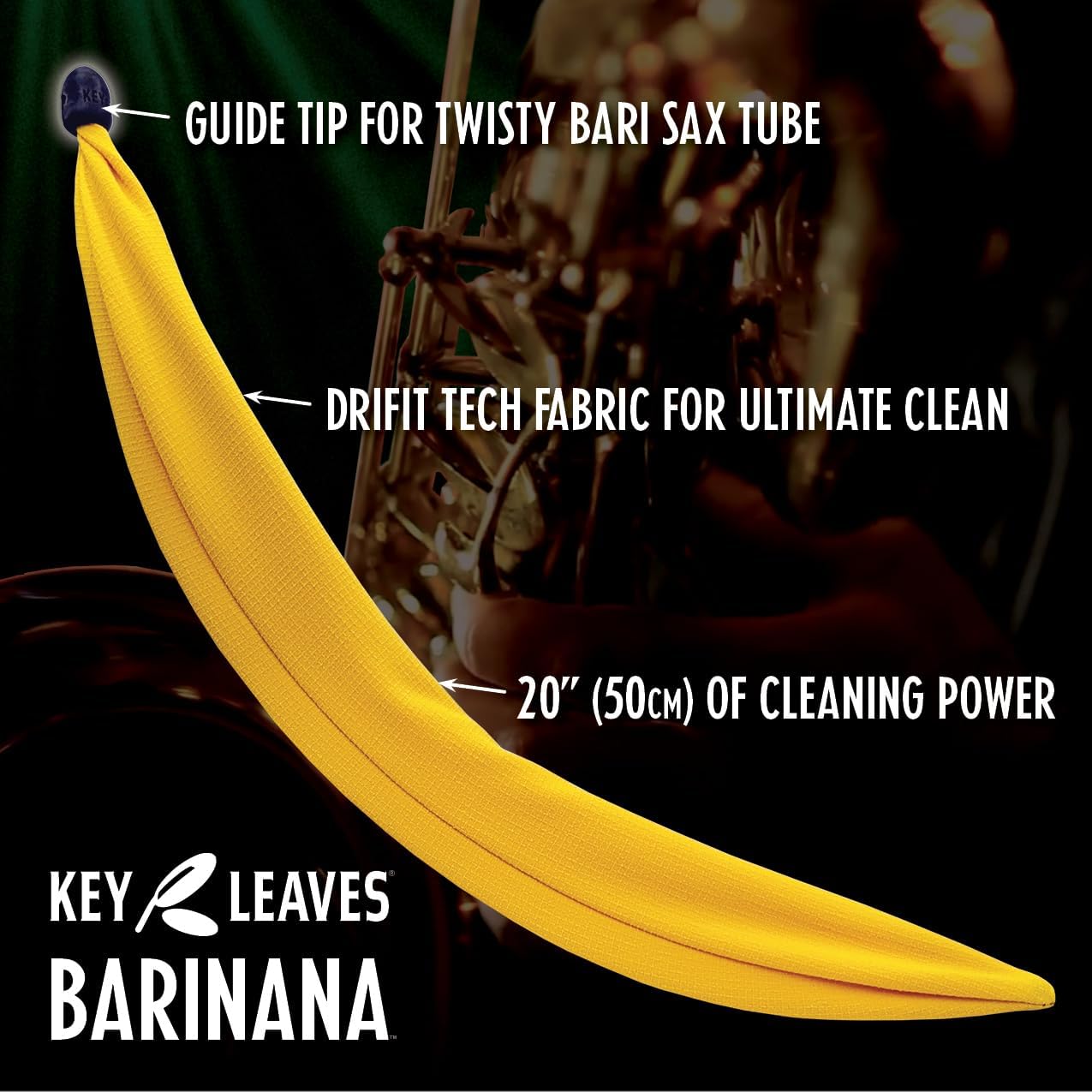 BARINANA™ Baritone Saxophone Cleaner Swab with DRIFIT wicking fabric, guided tip, and flex shaft for easy, fast cleaning of any bari saxophone