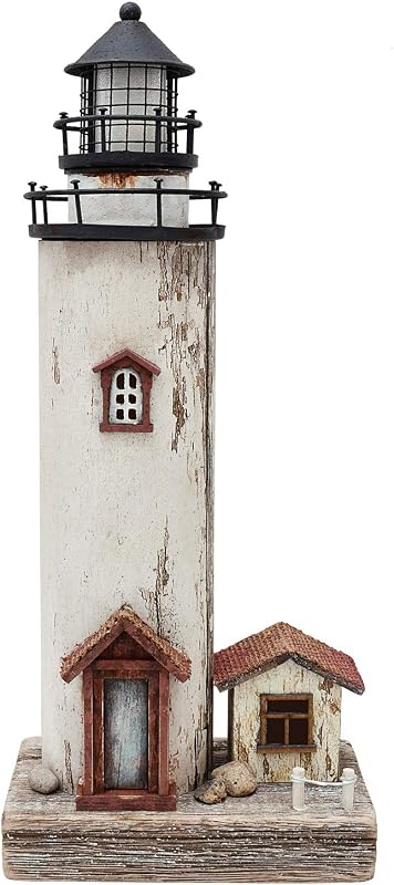 Wooden Lighthouse Decor with Light Decorative Nautical Lighthouse Ocean Sea | Beach Themed Lighthouse Decoration Rustic Handcrafted Tabletop Nautical Themed Home Decor Bathroom Decor(12"H)