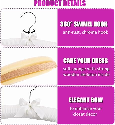 Miniatura 3 de Amber Home Perchas acolchadas grandes de satén marfil de 17 pulgadas para ropa de mujer, paquete de 5, perchas acolchadas antideslizantes para