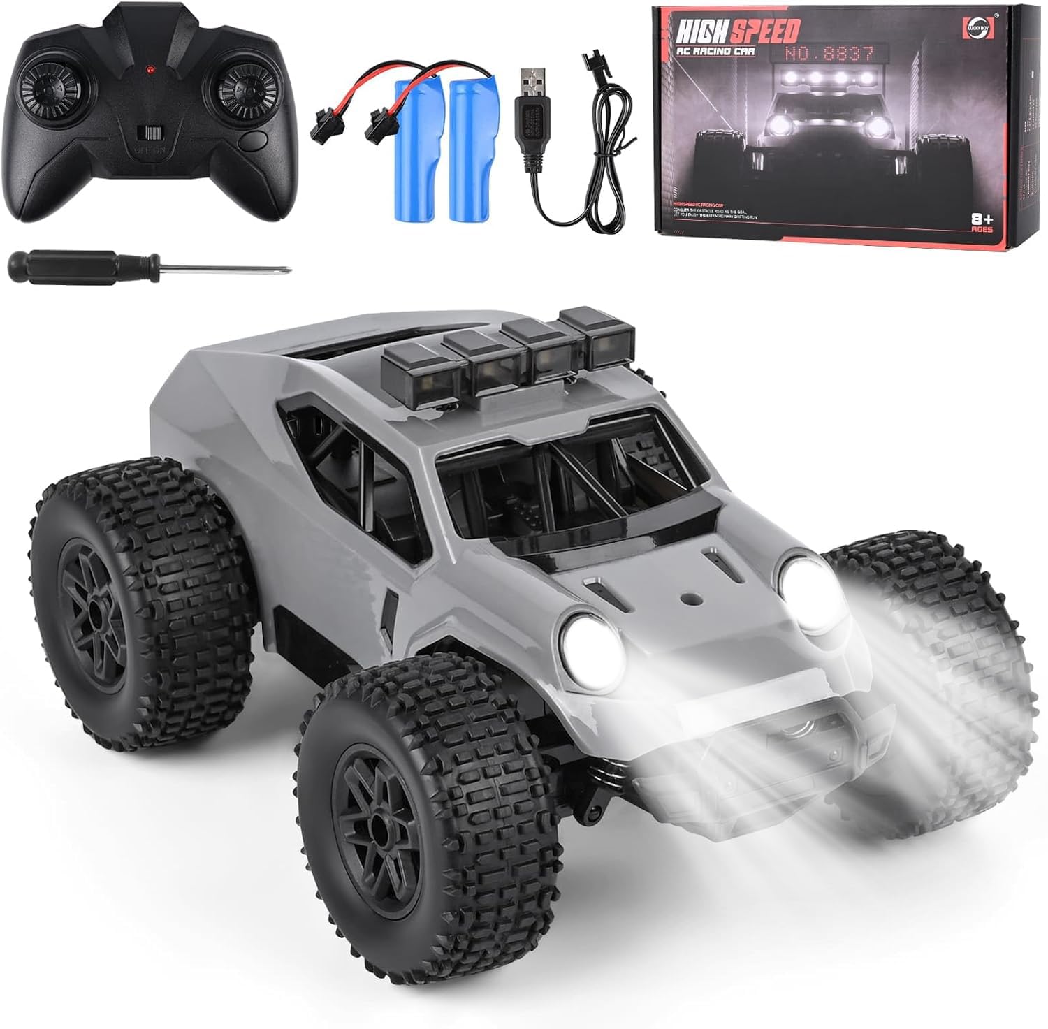 Comius Sharp Coche Teledirigido, Coche Teledirigido De Alta Velocidad 1/20 25km/H, Todo Terreno Todoterreno con Luces Led, Regalo para Niños De 7 A 14 Años(Gris)
