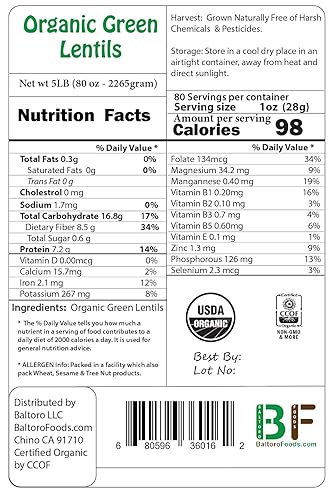 Miniatura 2 de Lentejas verdes orgánicas enteras crudas, de alta fibra sin OMG a granel (5 libras)